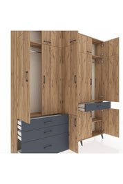 Arges Dolap 8 Raflı 4 Çekmeceli 3 Askılı 220x30x243 Çam-Çam/Antrasit