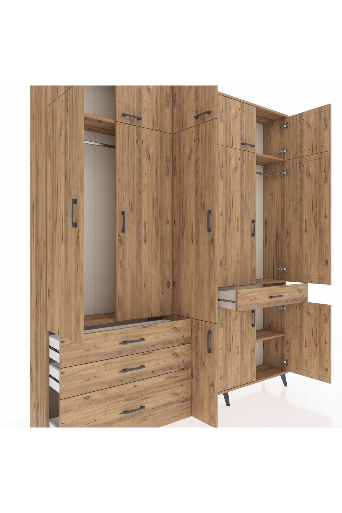 Arges Gardrop 8 Raflı 4 Çekmeceli 3 Askılı 220x30x243 Çam-Çam