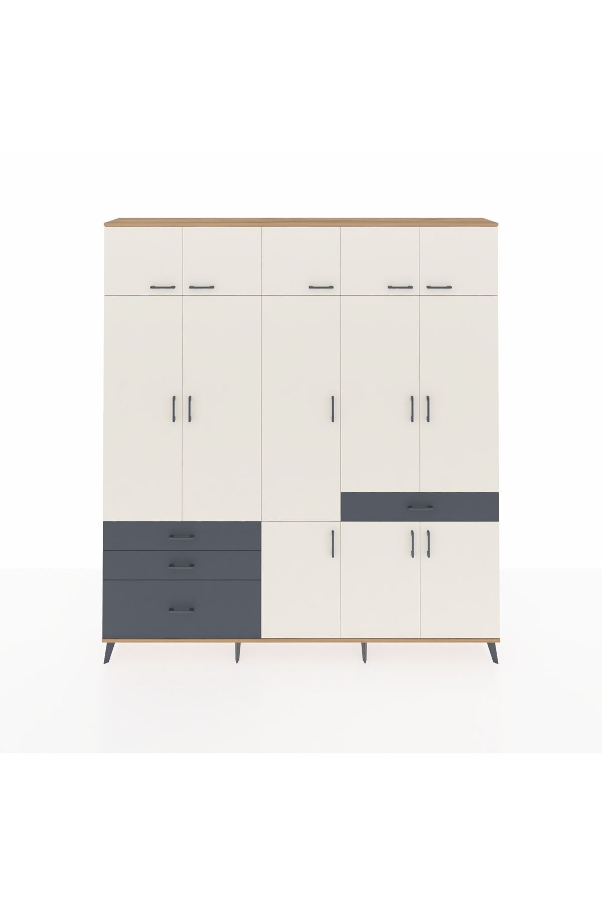 Arges Dolap 8 Raflı 4 Çekmeceli 3 Askılı 220x30x243 Çam-Aytaşı/Antrasit