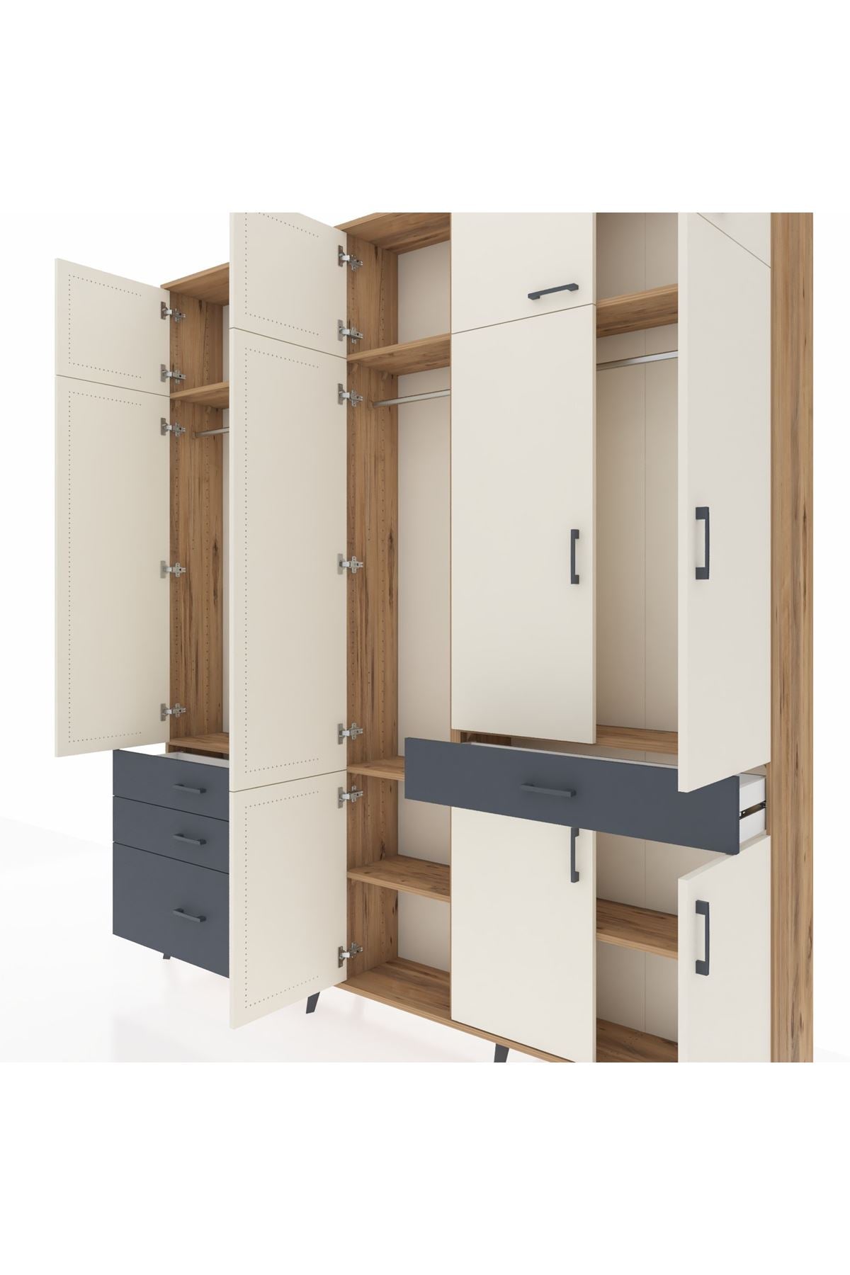 Arges Dolap 8 Raflı 4 Çekmeceli 3 Askılı 220x30x243 Çam-Aytaşı/Antrasit