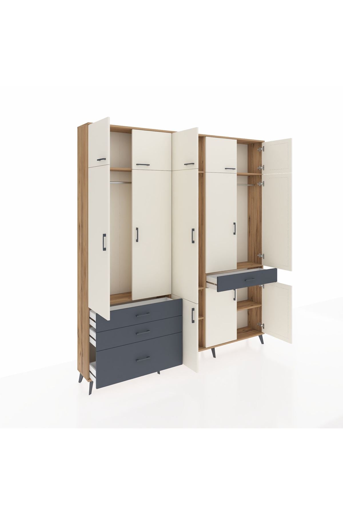 Arges Dolap 8 Raflı 4 Çekmeceli 3 Askılı 220x30x243 Çam-Aytaşı/Antrasit
