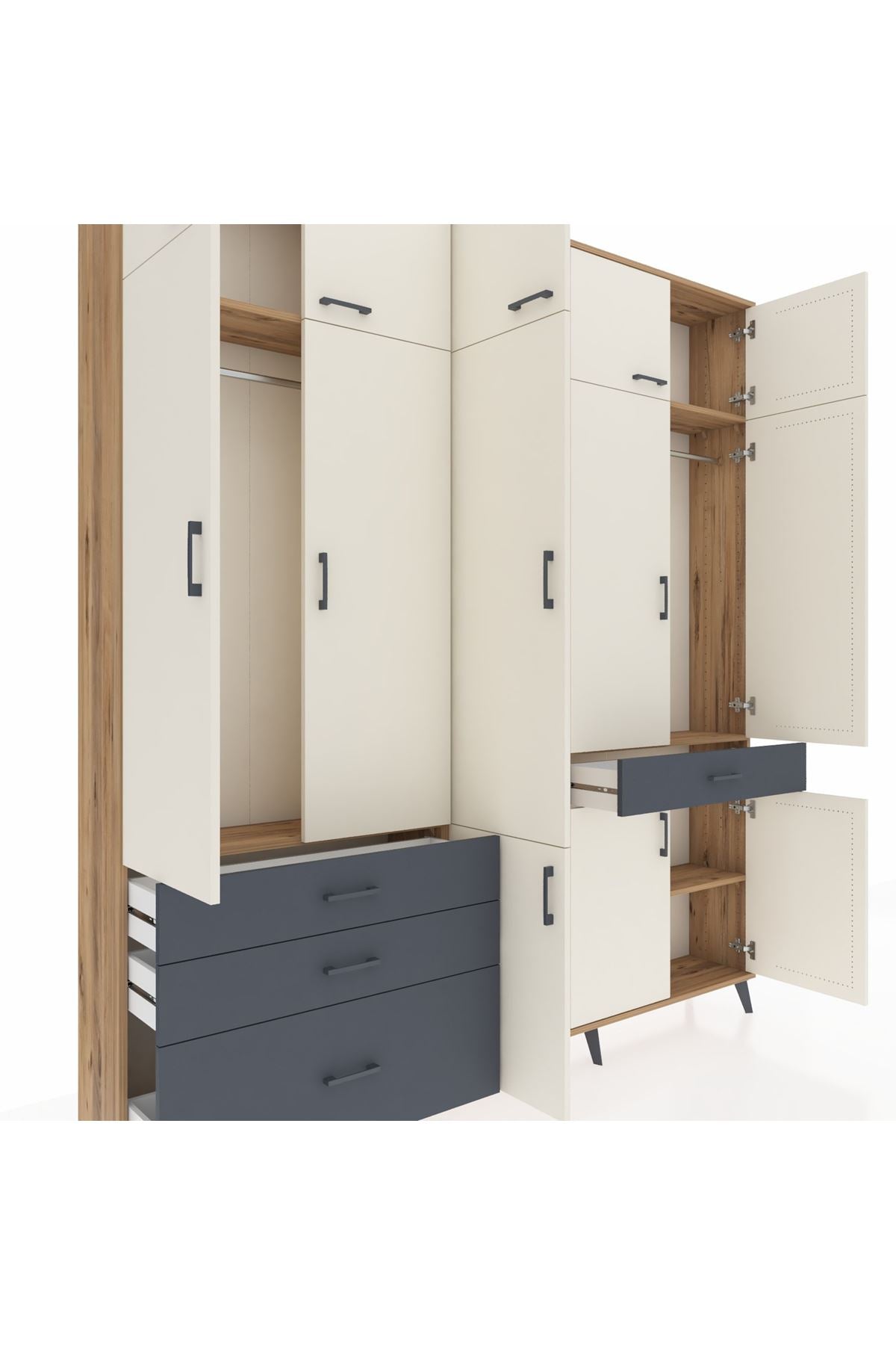 Arges Dolap 8 Raflı 4 Çekmeceli 3 Askılı 220x30x243 Çam-Aytaşı/Antrasit