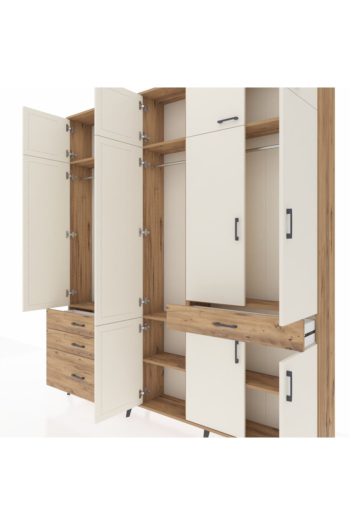 Arges Dolap 8 Raflı 4 Çekmeceli 3 Askılı 220x30x243 Çam-Aytaşı/Çam