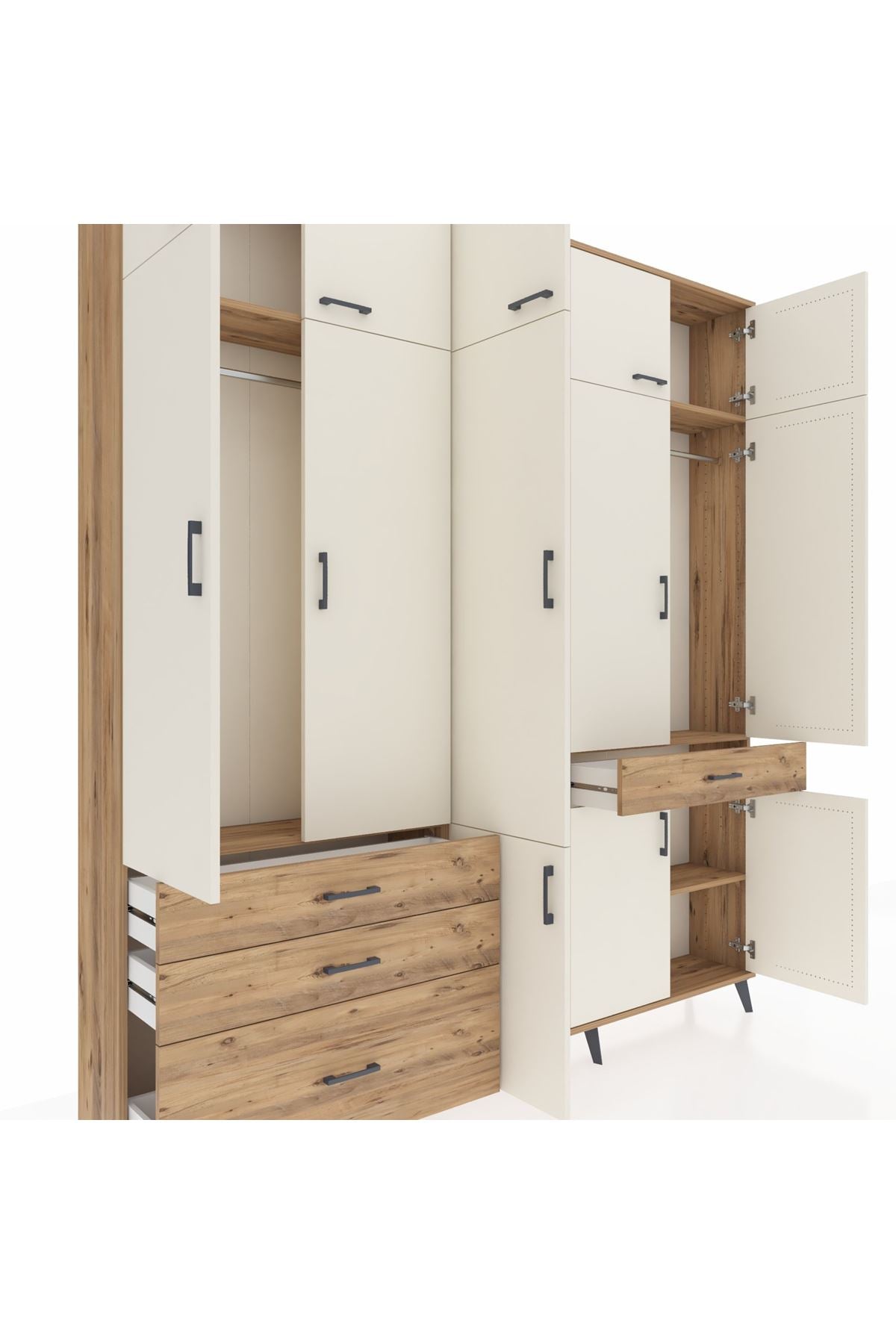 Arges Dolap 8 Raflı 4 Çekmeceli 3 Askılı 220x30x243 Çam-Aytaşı/Çam