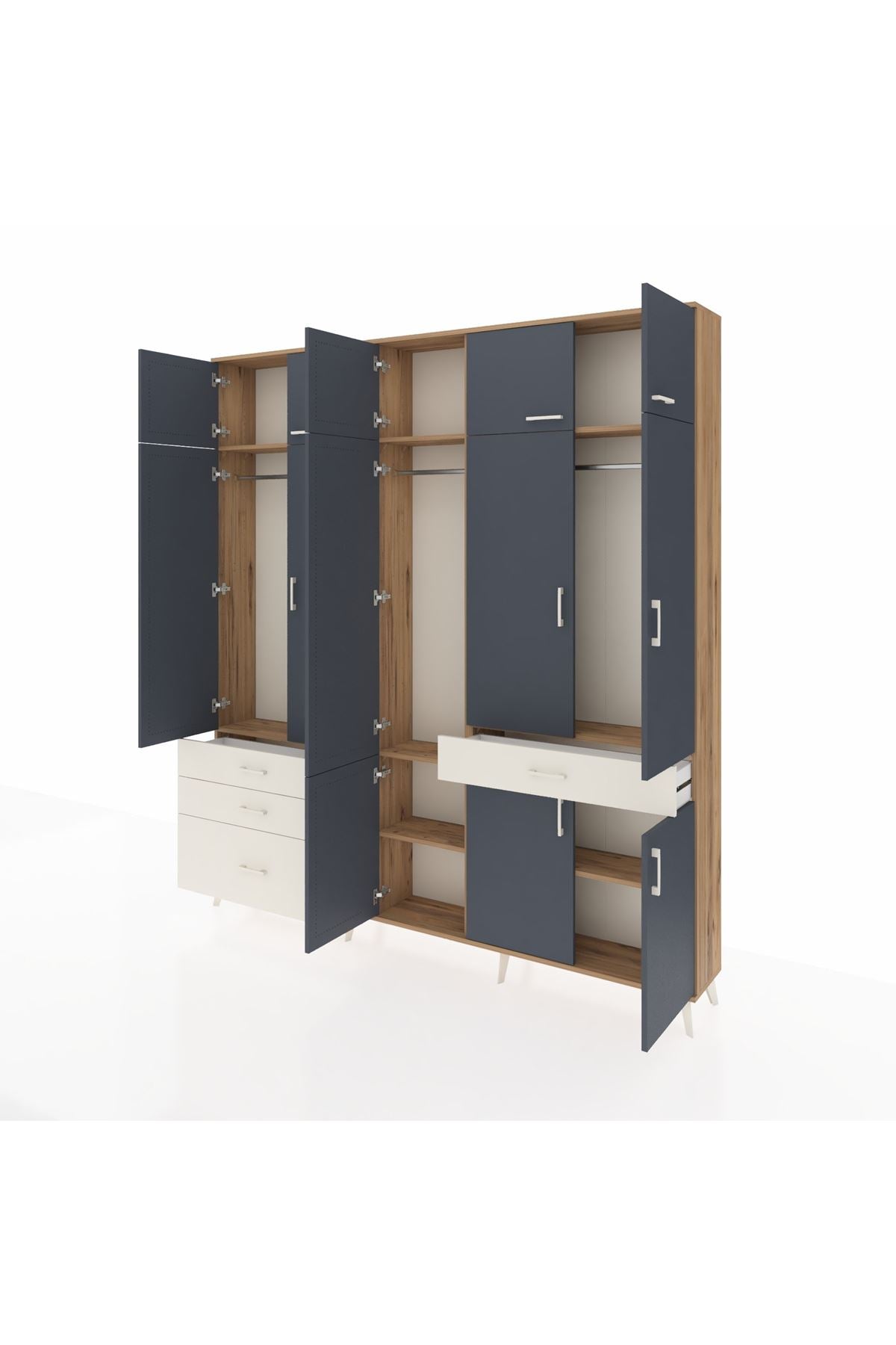 Arges Dolap 8 Raflı 4 Çekmeceli 3 Askılı 220x30x243 Çam-Antrasit/Aytaşı