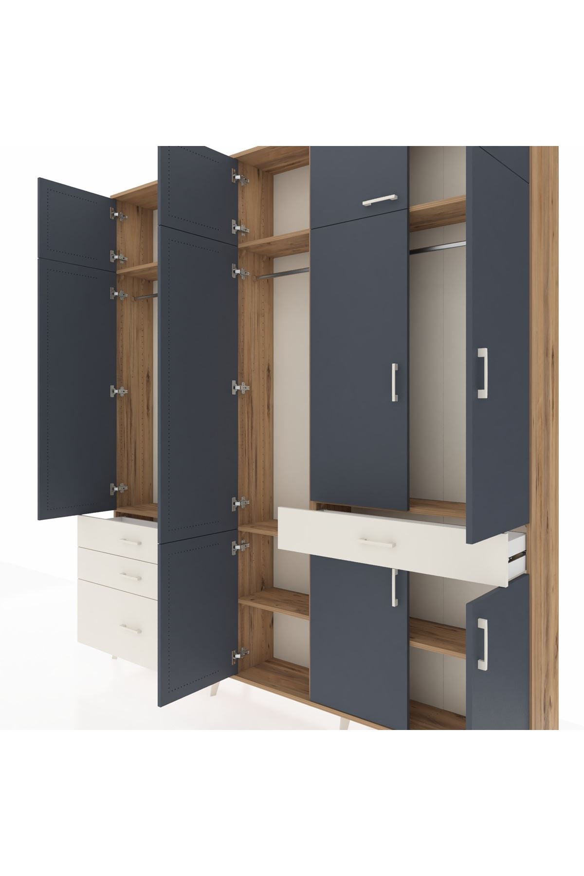 Arges Dolap 8 Raflı 4 Çekmeceli 3 Askılı 220x30x243 Çam-Antrasit/Aytaşı