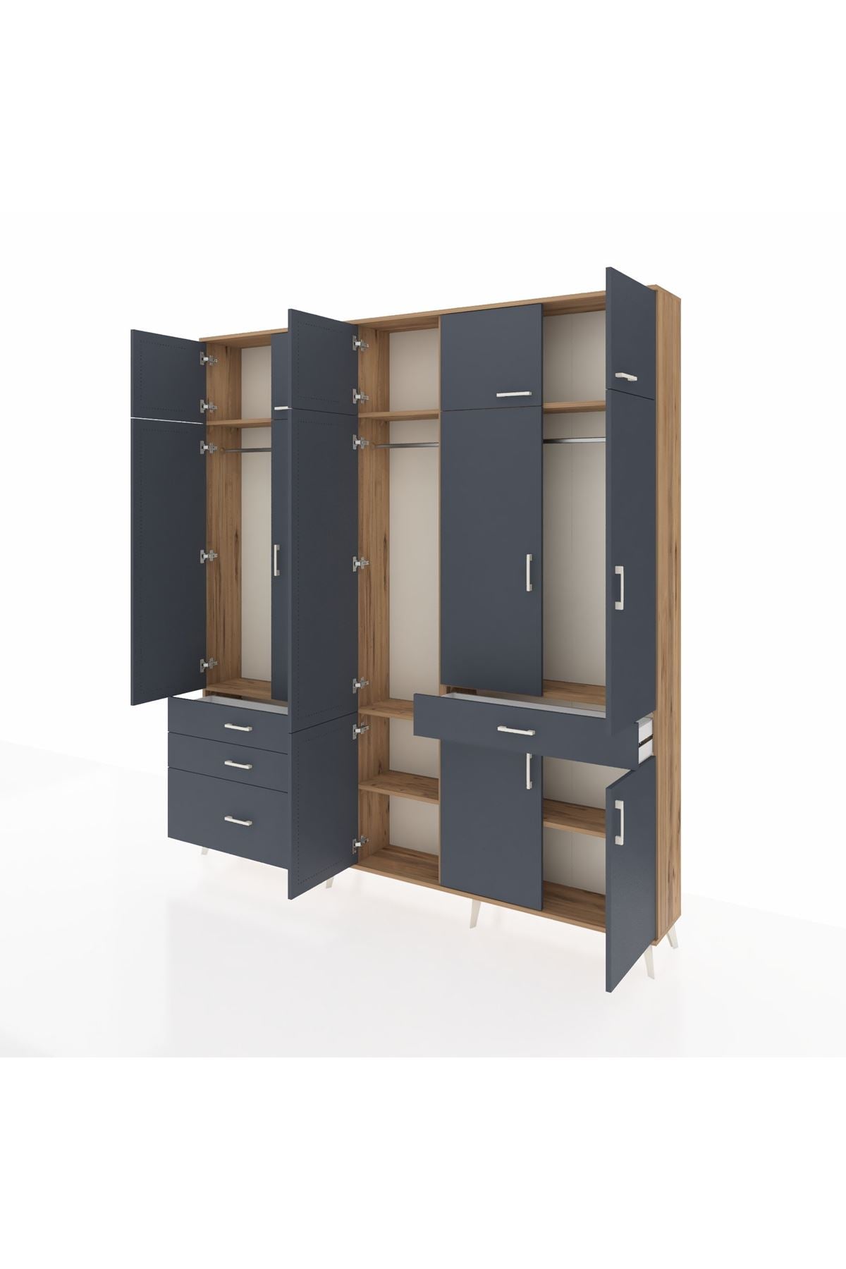 Arges Gardrop 8 Raflı 4 Çekmeceli 3 Askılı 220x30x243 Çam-Antrasit