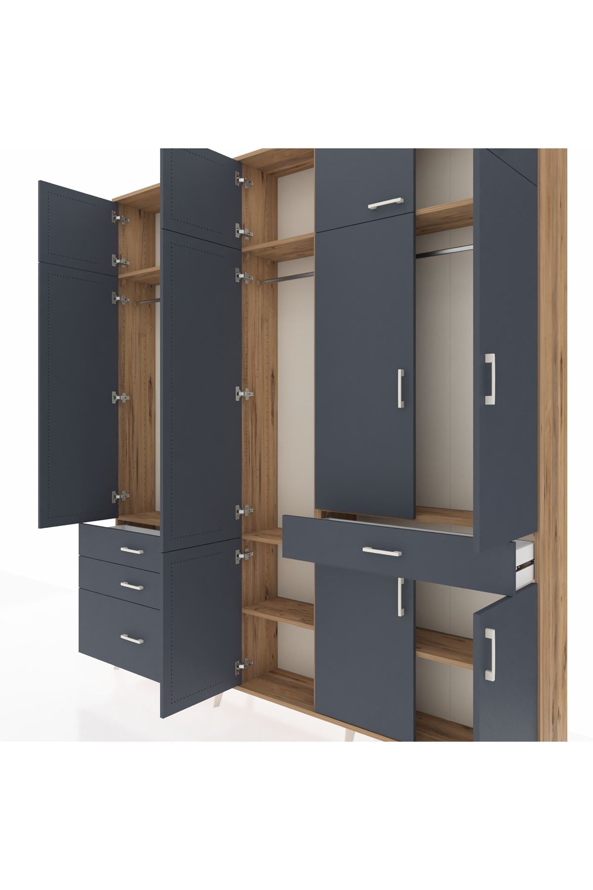 Arges Gardrop 8 Raflı 4 Çekmeceli 3 Askılı 220x30x243 Çam-Antrasit