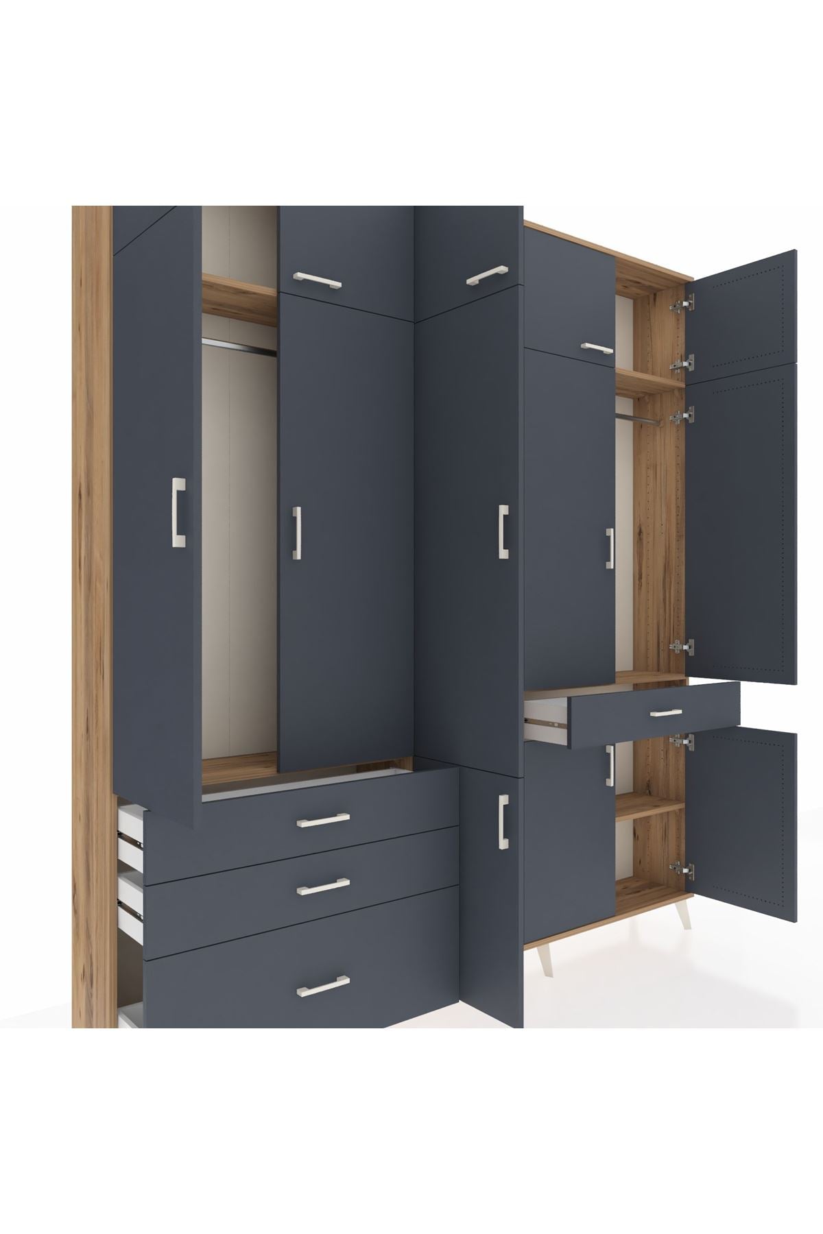 Arges Gardrop 8 Raflı 4 Çekmeceli 3 Askılı 220x30x243 Çam-Antrasit