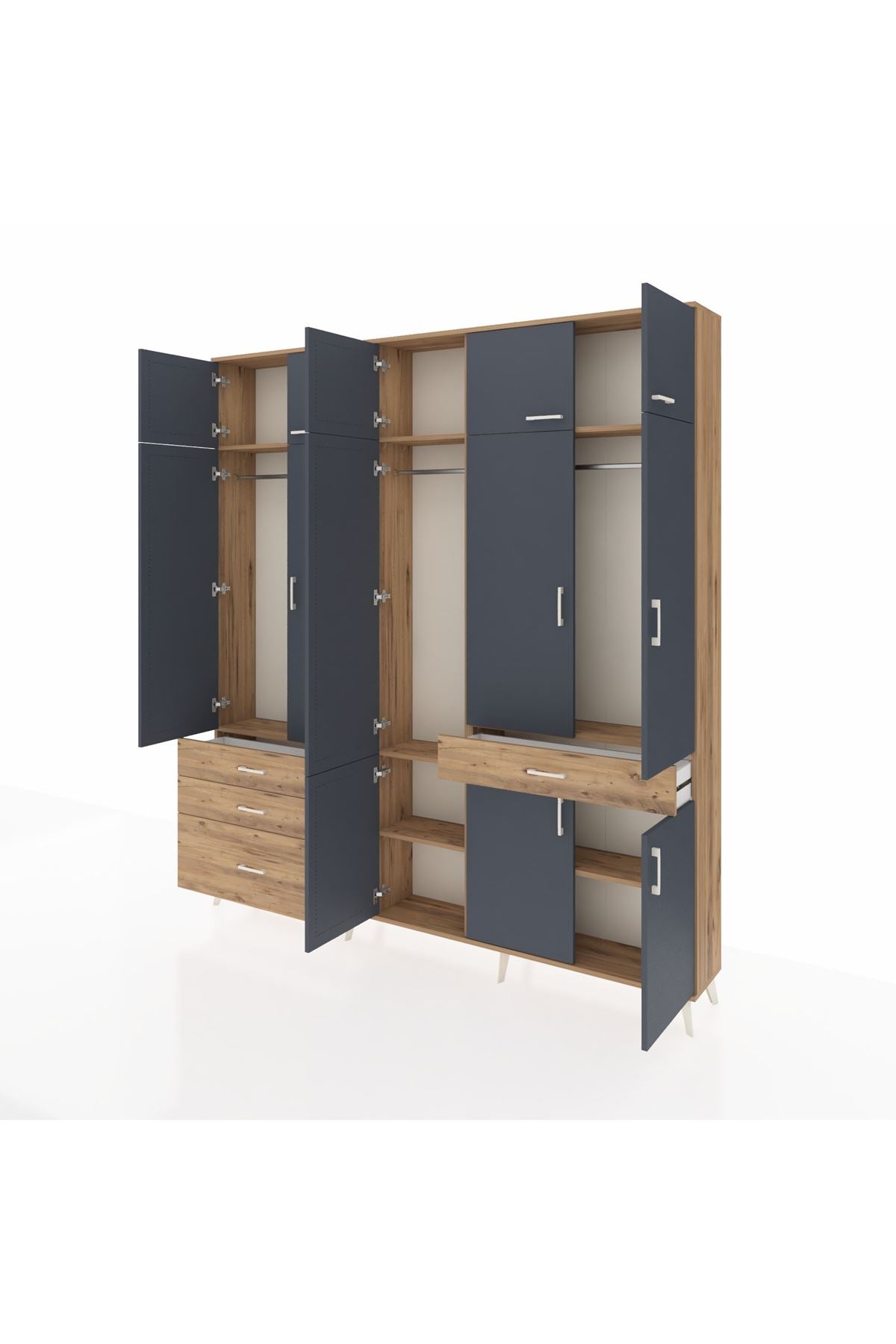 Arges Dolap 8 Raflı 4 Çekmeceli 3 Askılı 220x30x243 Çam-Antrasit/Çam