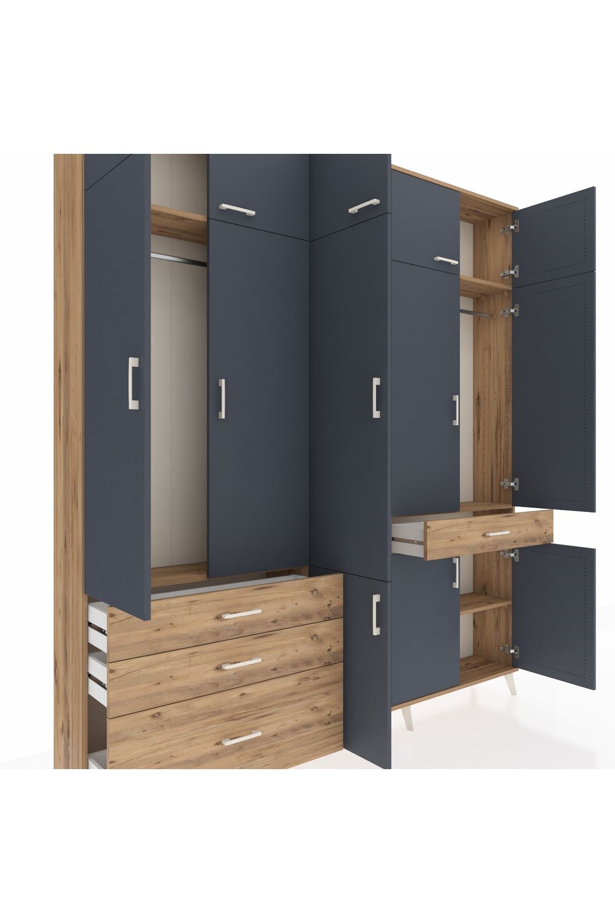 Arges Dolap 8 Raflı 4 Çekmeceli 3 Askılı 220x30x243 Çam-Antrasit/Çam