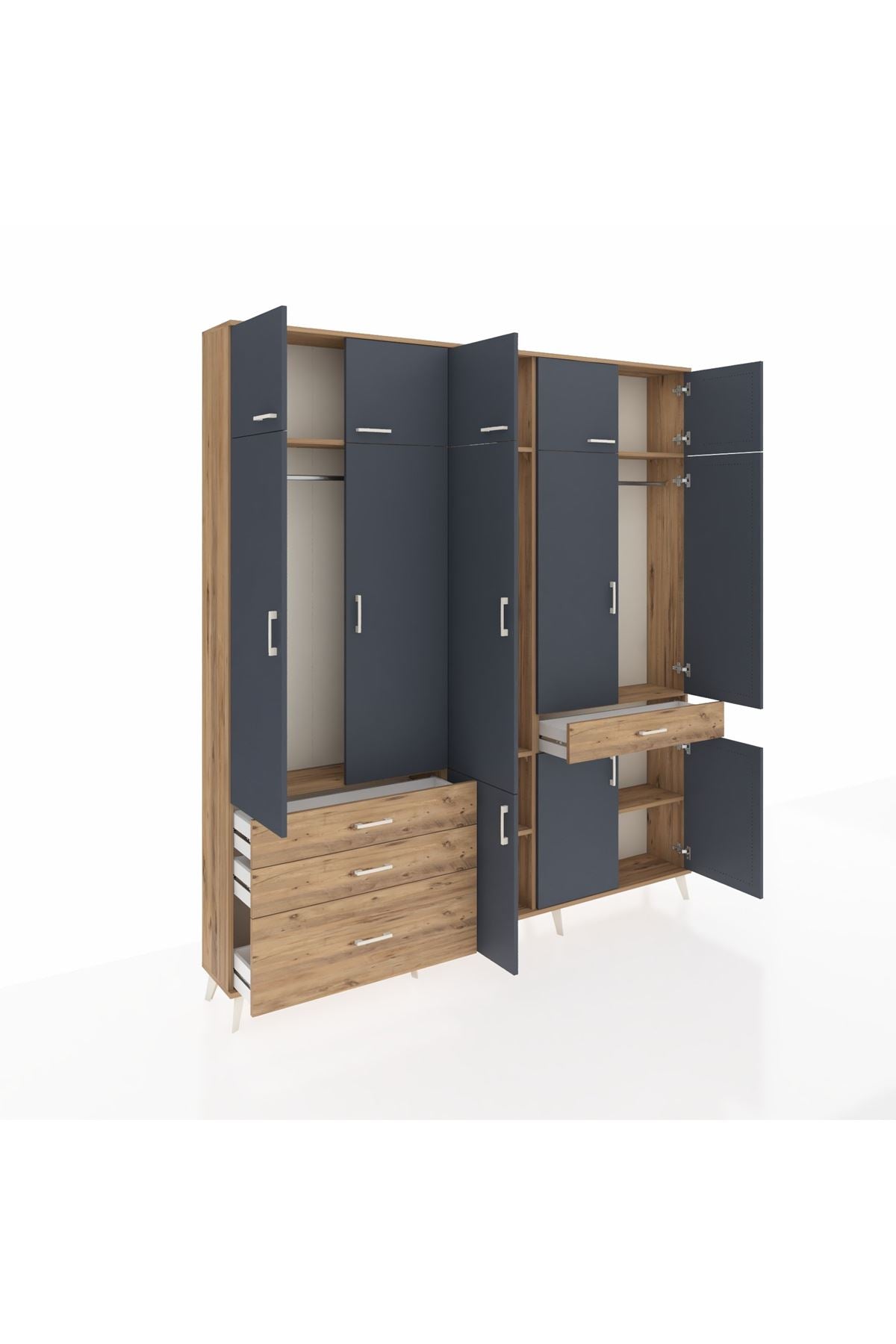 Arges Dolap 8 Raflı 4 Çekmeceli 3 Askılı 220x30x243 Çam-Antrasit/Çam