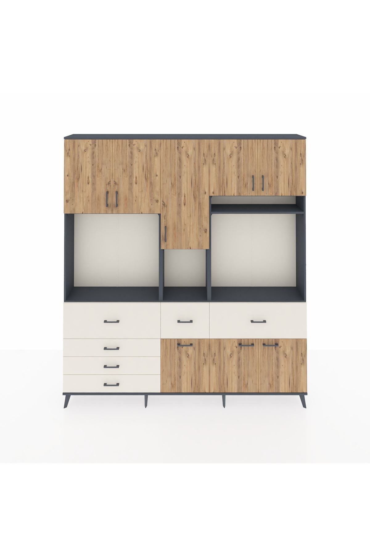 Arges Dolap 10 Raflı 6 Çekmeceli 8 Kapaklı 220x30x243 Antrasit-Çam/Aytaşı