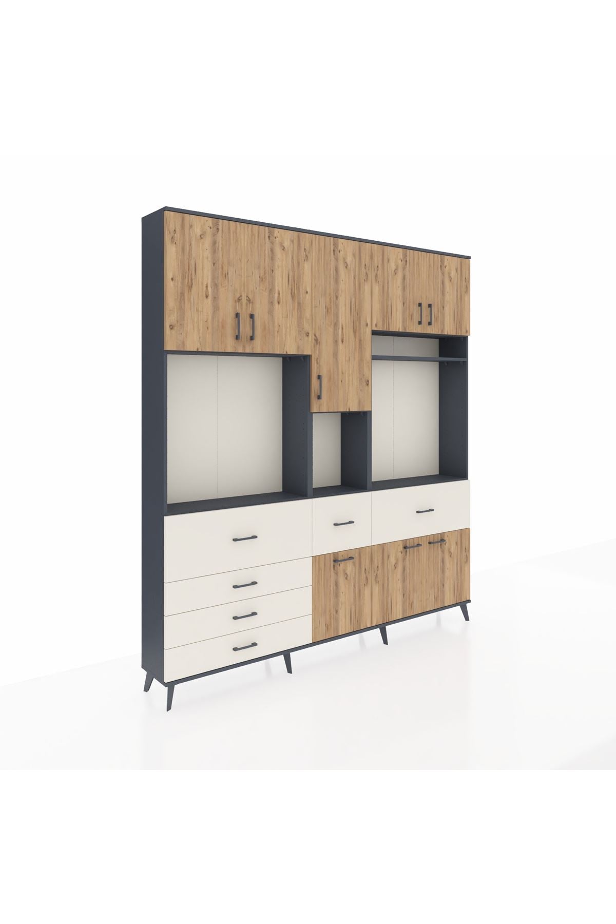 Arges Dolap 10 Raflı 6 Çekmeceli 8 Kapaklı 220x30x243 Antrasit-Çam/Aytaşı