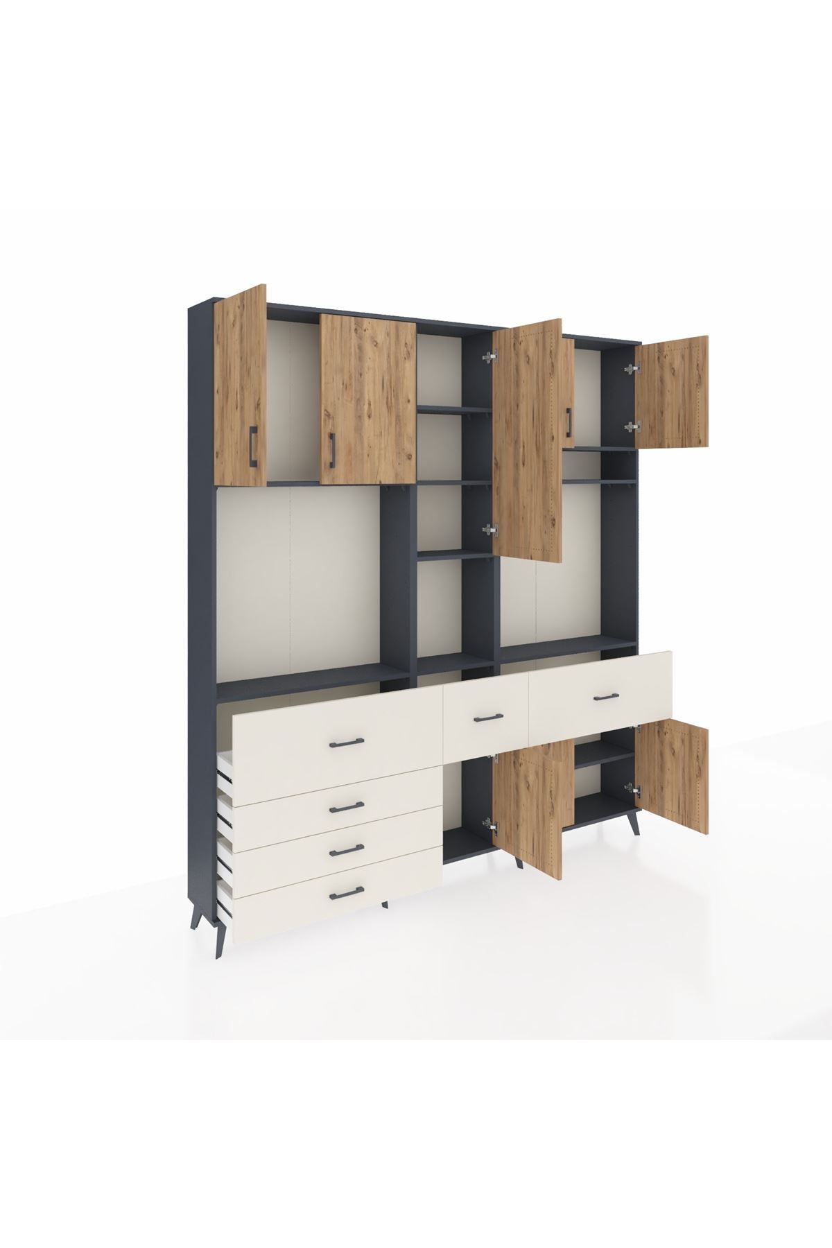 Arges Dolap 10 Raflı 6 Çekmeceli 8 Kapaklı 220x30x243 Antrasit-Çam/Aytaşı