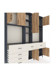 Arges Dolap 10 Raflı 6 Çekmeceli 8 Kapaklı 220x30x243 Antrasit-Çam/Aytaşı