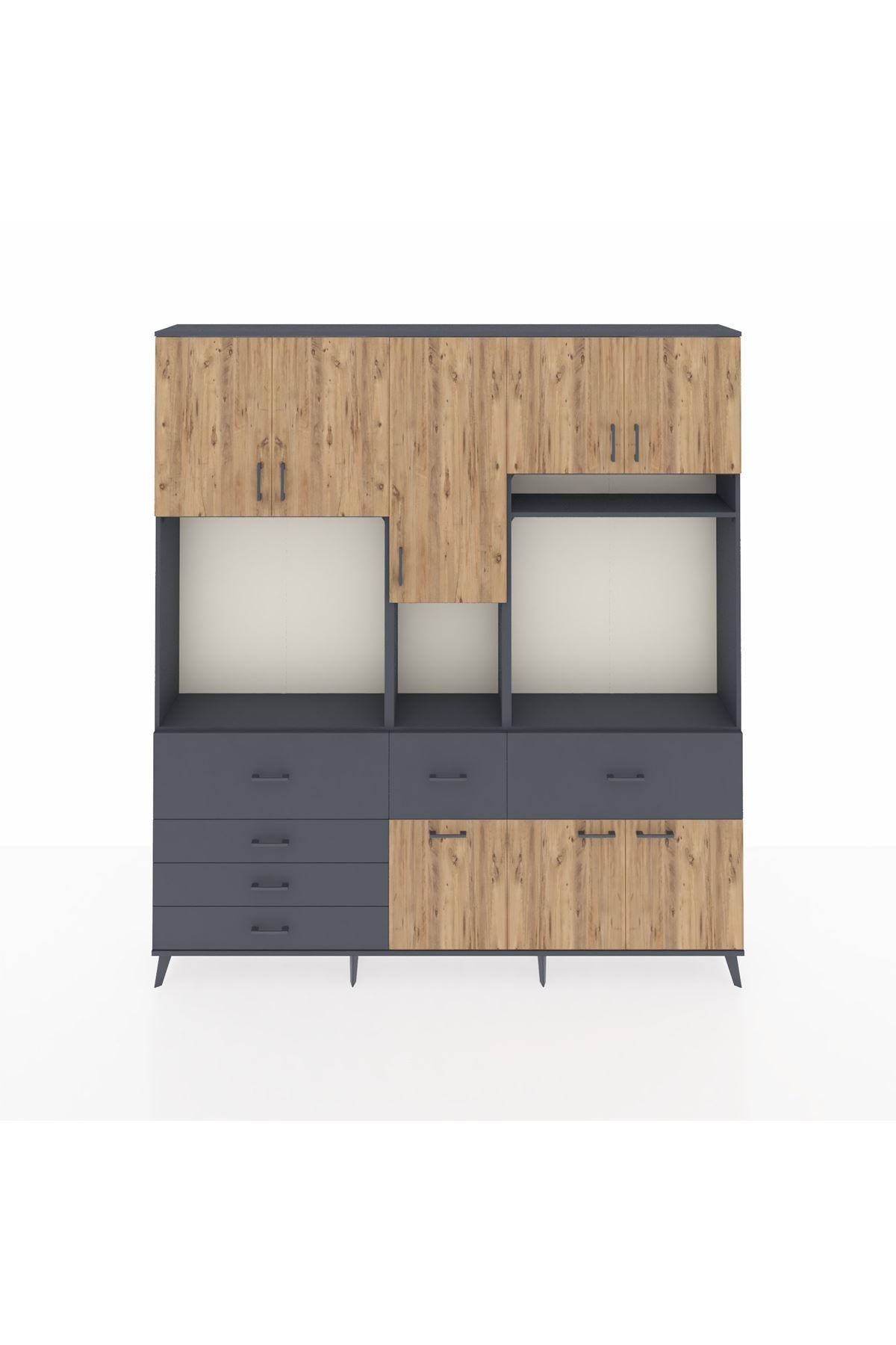 Arges Dolap 10 Raflı 6 Çekmeceli 8 Kapaklı 220x30x243 Antrasit-Çam/Antrasit