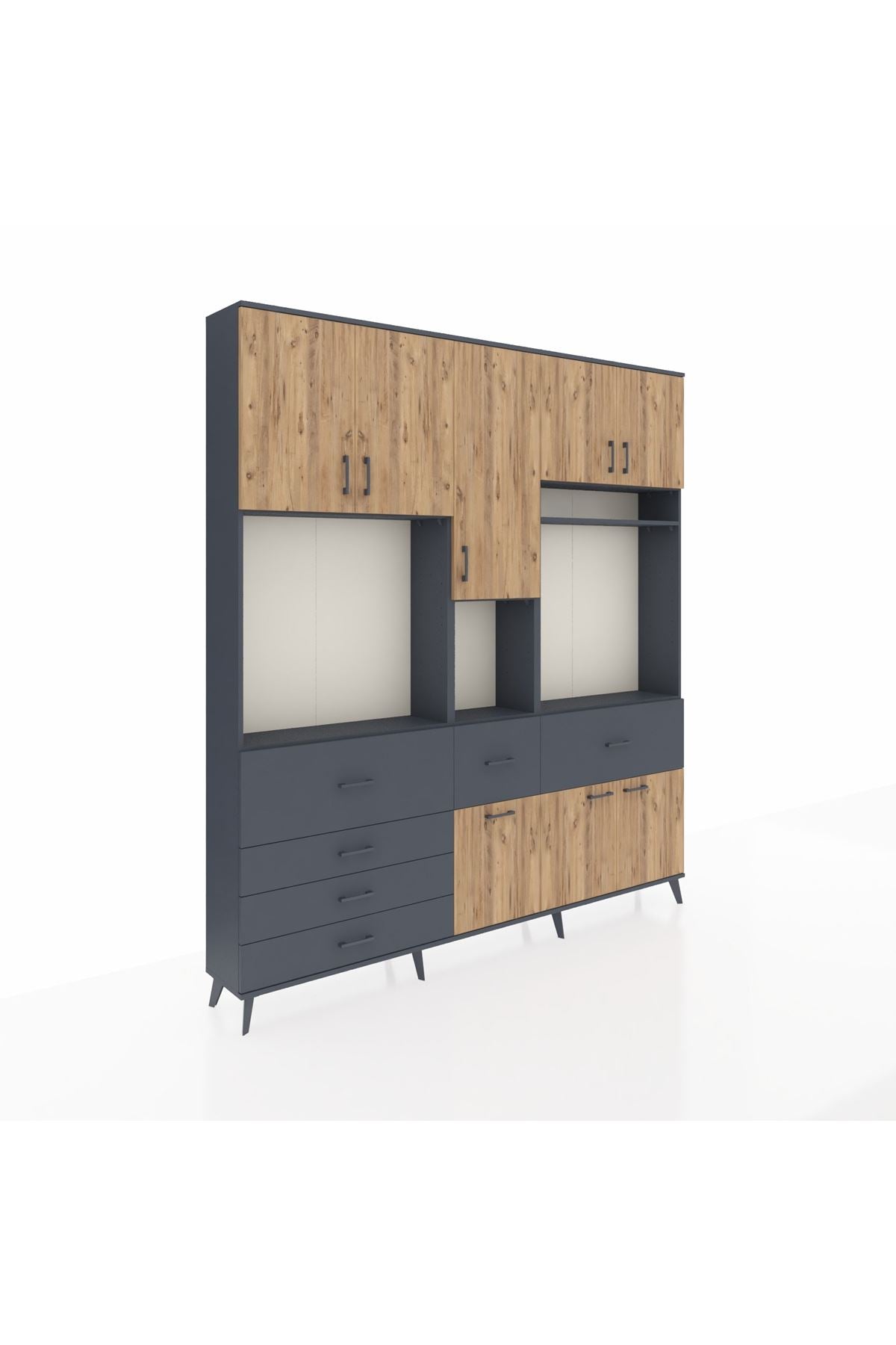 Arges Dolap 10 Raflı 6 Çekmeceli 8 Kapaklı 220x30x243 Antrasit-Çam/Antrasit