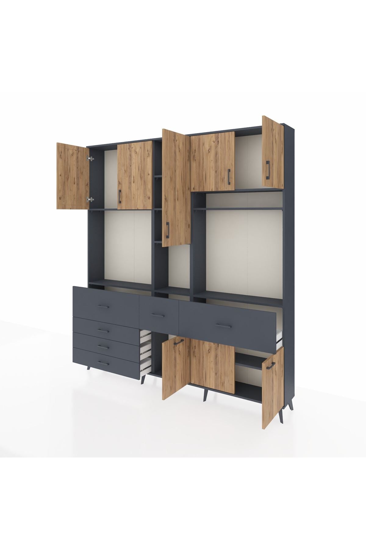 Arges Dolap 10 Raflı 6 Çekmeceli 8 Kapaklı 220x30x243 Antrasit-Çam/Antrasit