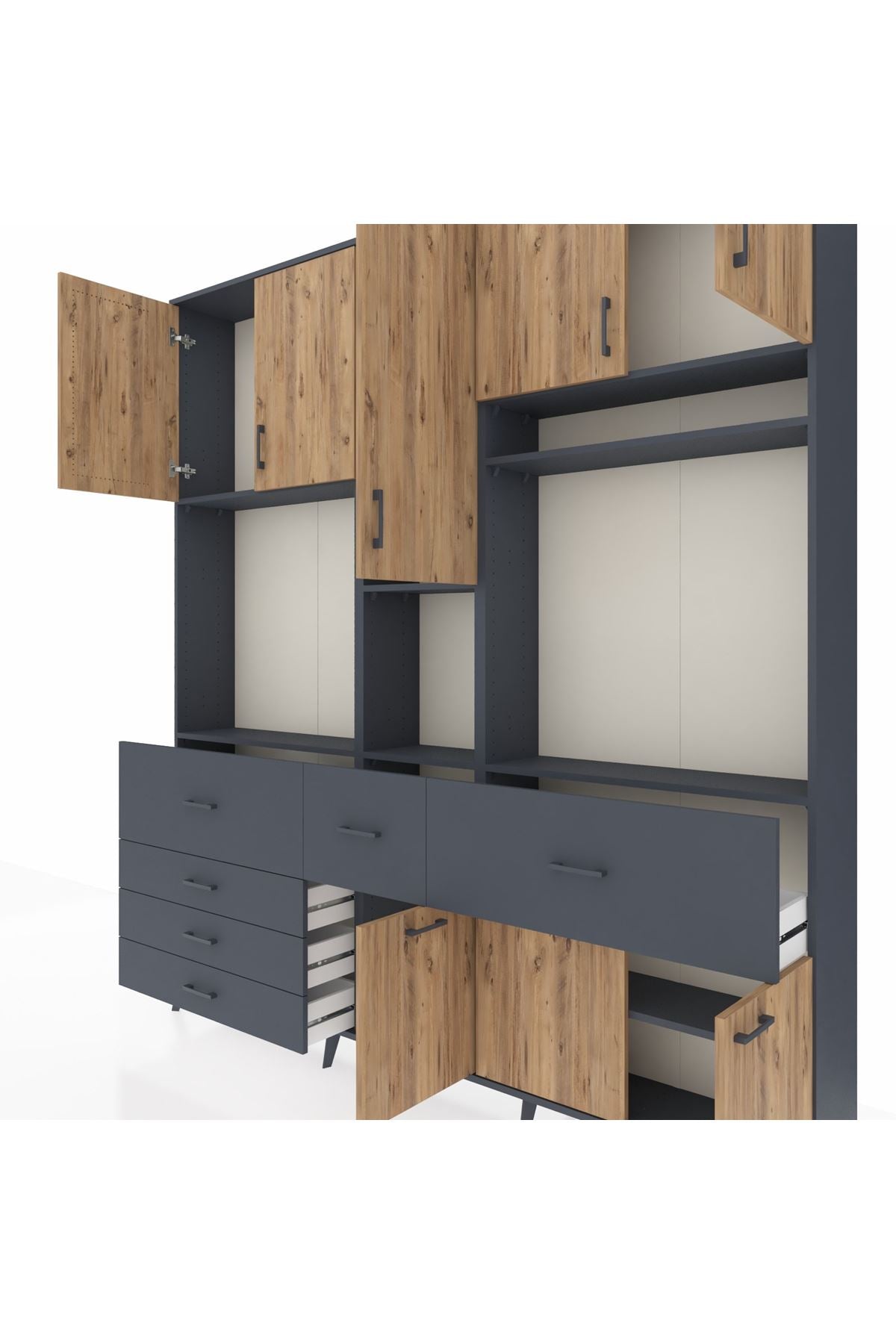 Arges Dolap 10 Raflı 6 Çekmeceli 8 Kapaklı 220x30x243 Antrasit-Çam/Antrasit