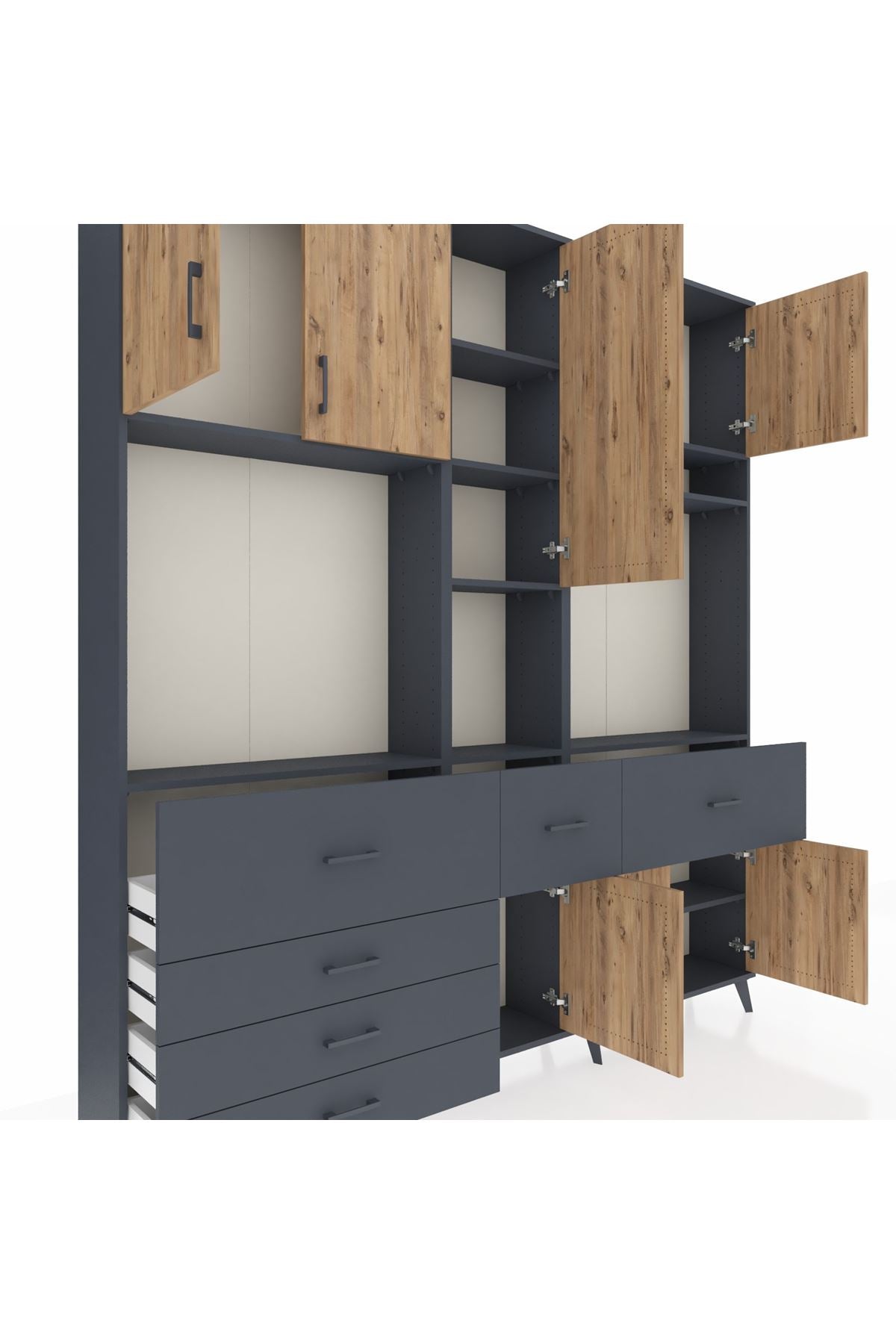 Arges Dolap 10 Raflı 6 Çekmeceli 8 Kapaklı 220x30x243 Antrasit-Çam/Antrasit