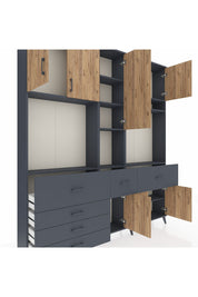 Arges Dolap 10 Raflı 6 Çekmeceli 8 Kapaklı 220x30x243 Antrasit-Çam/Antrasit