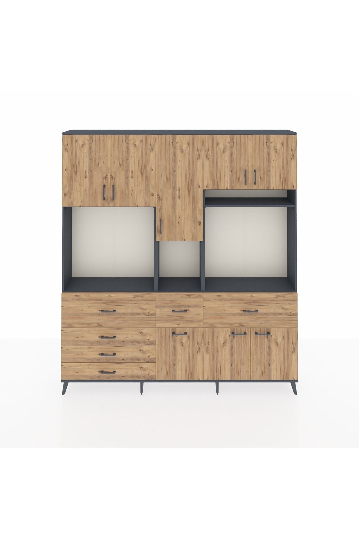 Arges Gardrop 10 Raflı 6 Çekmeceli 8 Kapaklı 220x30x243 Antrasit-Çam