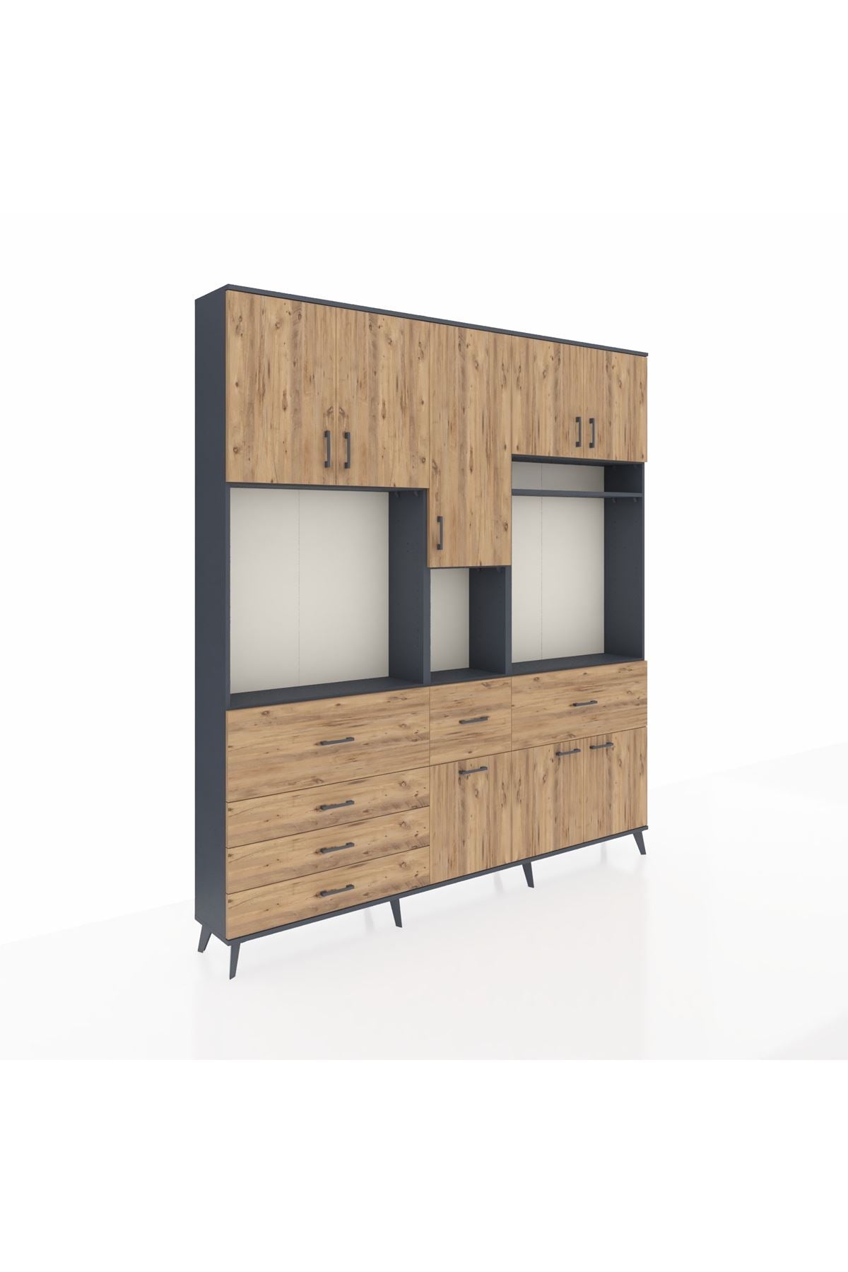 Arges Gardrop 10 Raflı 6 Çekmeceli 8 Kapaklı 220x30x243 Antrasit-Çam