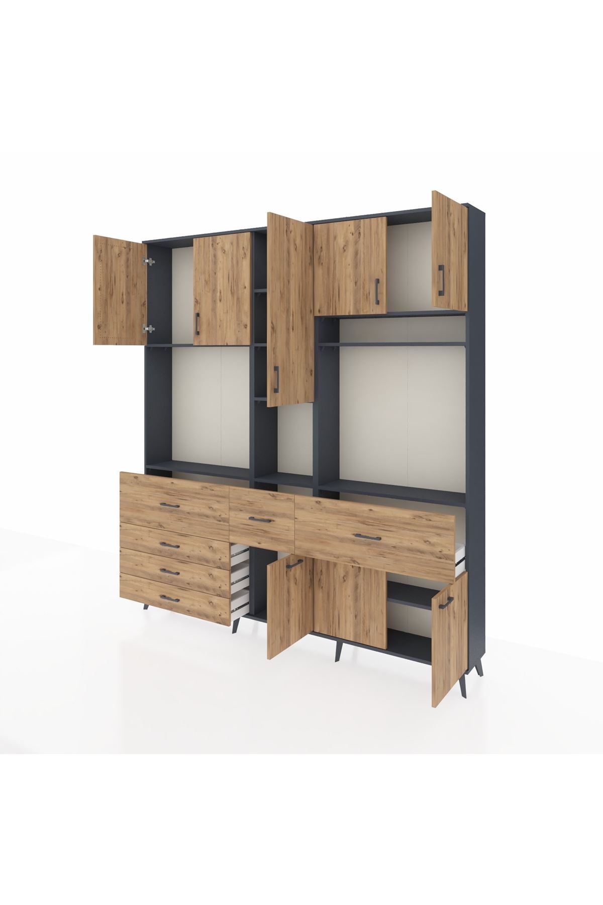 Arges Gardrop 10 Raflı 6 Çekmeceli 8 Kapaklı 220x30x243 Antrasit-Çam