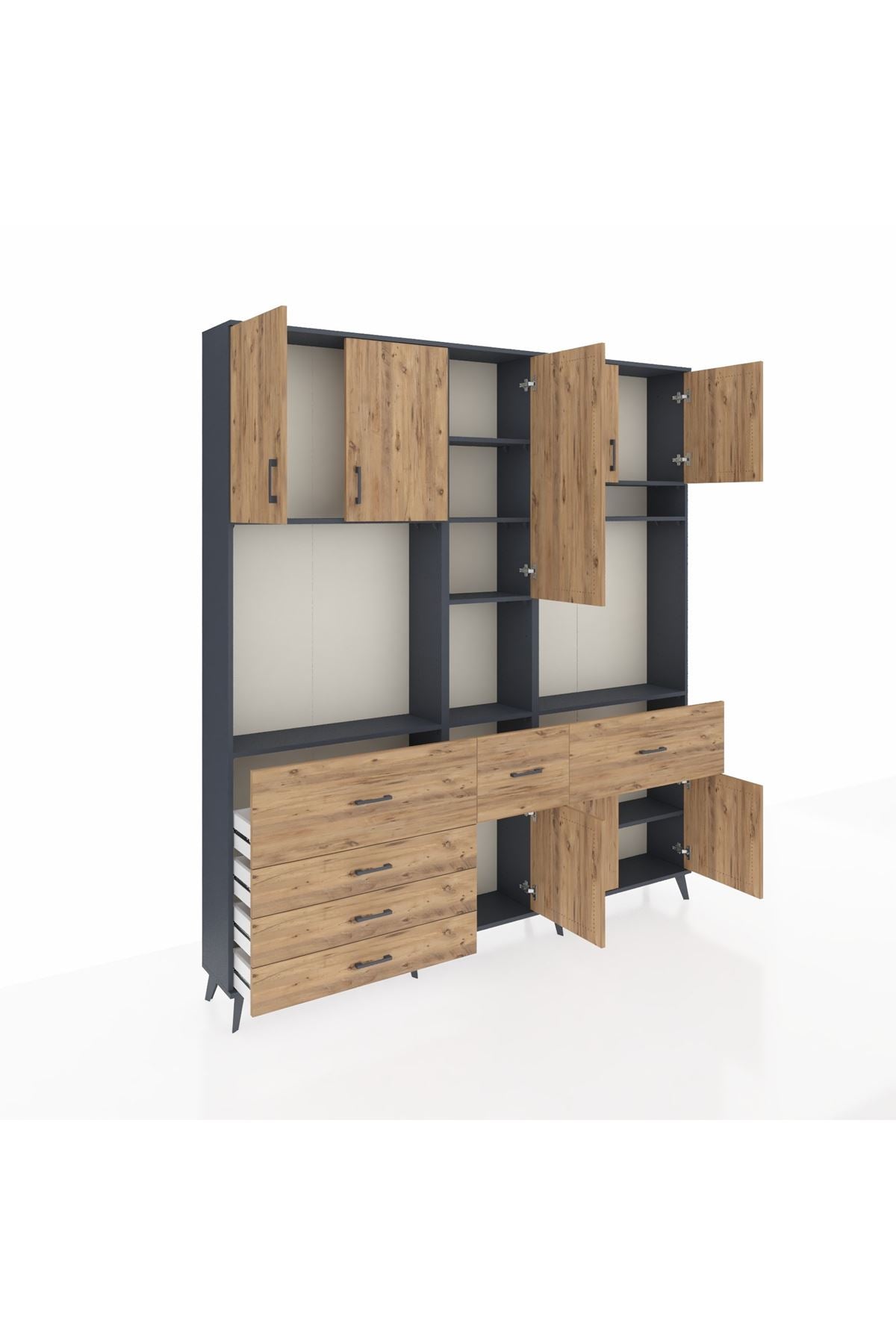 Arges Gardrop 10 Raflı 6 Çekmeceli 8 Kapaklı 220x30x243 Antrasit-Çam