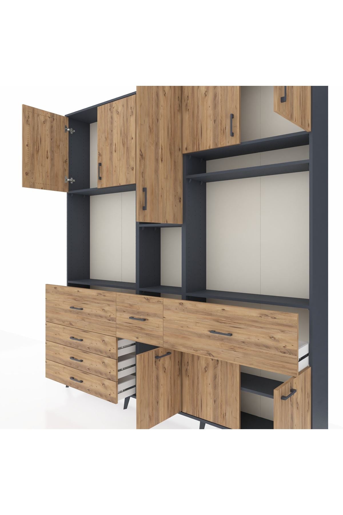 Arges Gardrop 10 Raflı 6 Çekmeceli 8 Kapaklı 220x30x243 Antrasit-Çam