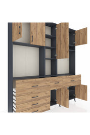 Arges Gardrop 10 Raflı 6 Çekmeceli 8 Kapaklı 220x30x243 Antrasit-Çam