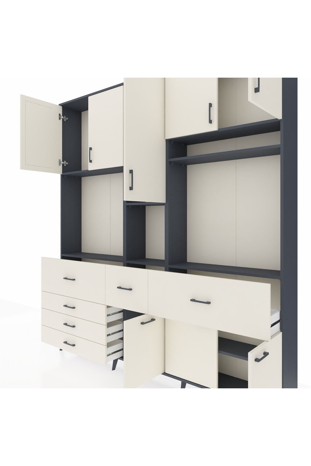 Arges Gardrop 10 Raflı 6 Çekmeceli 8 Kapaklı 220x30x243 Antrasit-Aytaşı