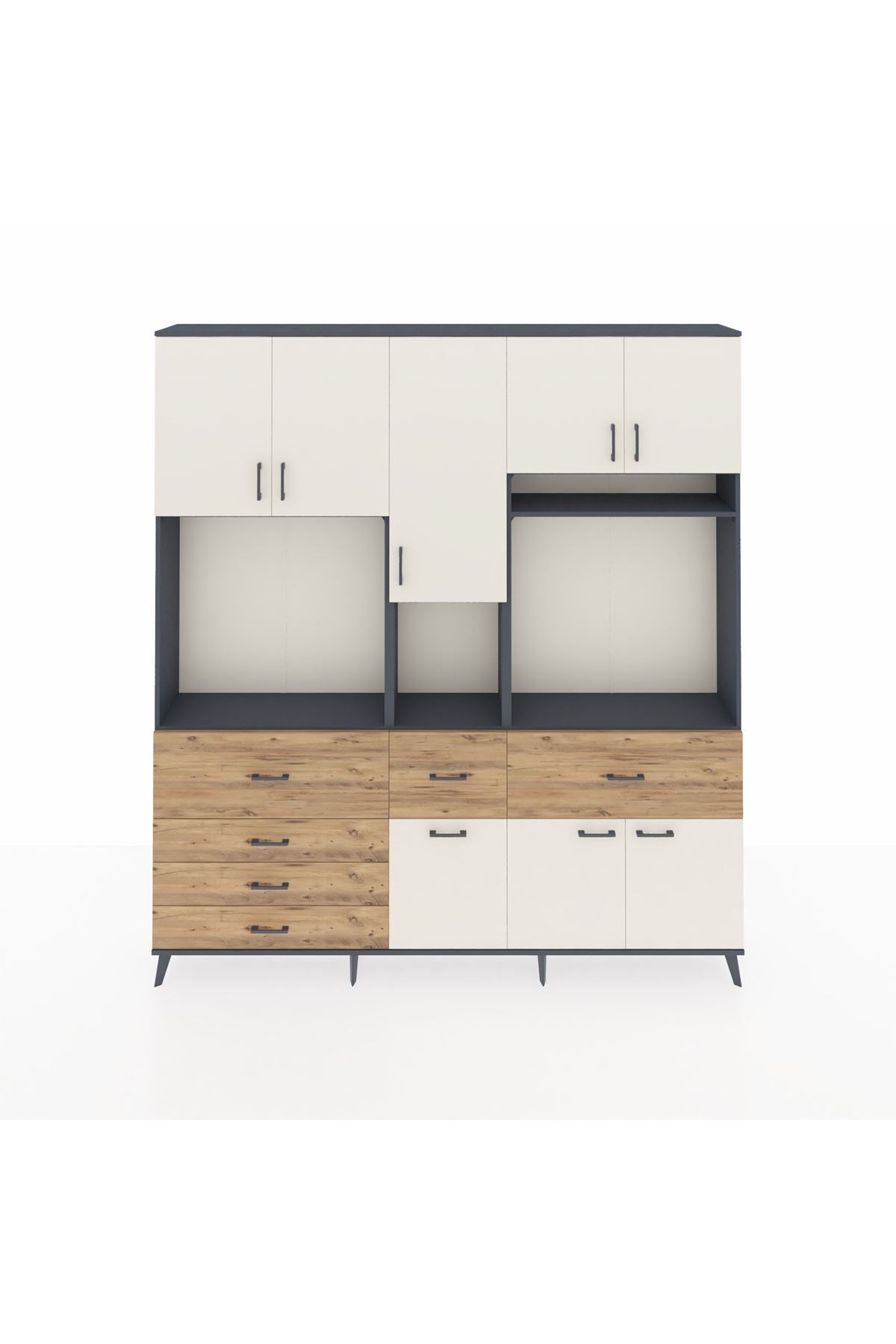 Arges Dolap 10 Raflı 6 Çekmeceli 8 Kapaklı 220x30x243 Antrasit-Aytaşı/Çam