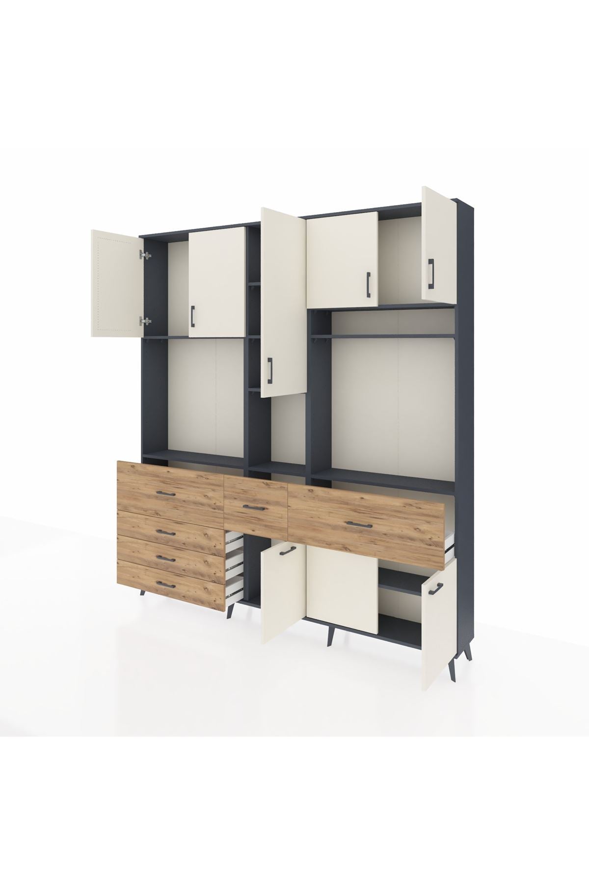 Arges Dolap 10 Raflı 6 Çekmeceli 8 Kapaklı 220x30x243 Antrasit-Aytaşı/Çam