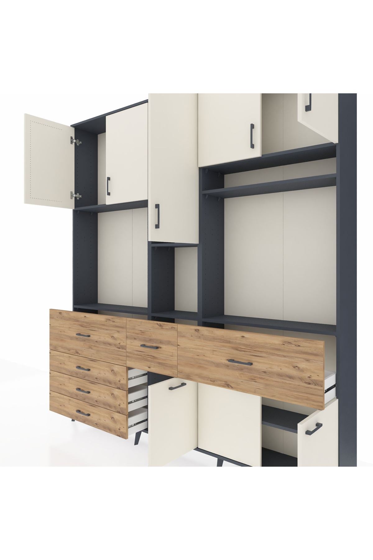 Arges Dolap 10 Raflı 6 Çekmeceli 8 Kapaklı 220x30x243 Antrasit-Aytaşı/Çam