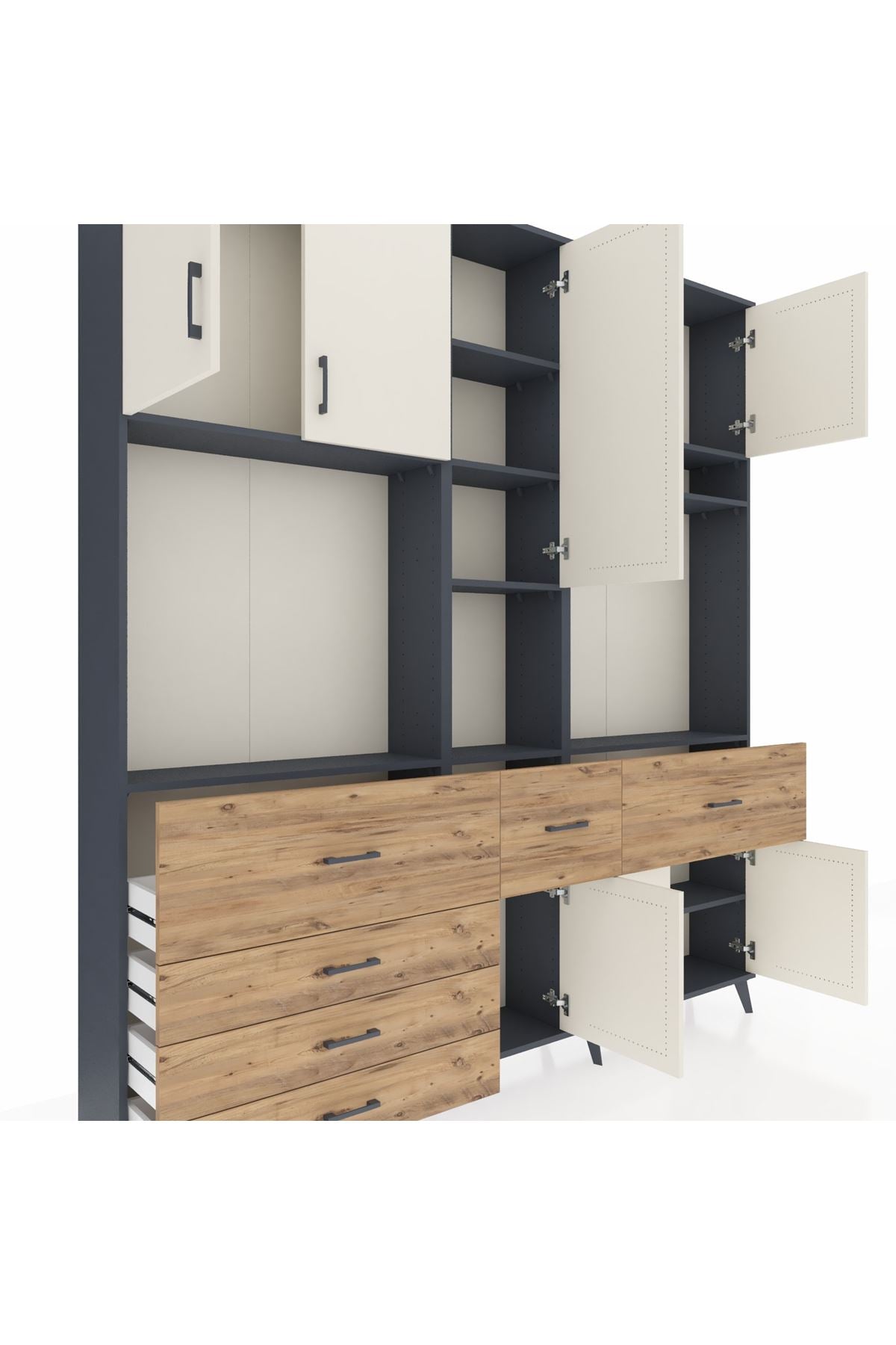 Arges Dolap 10 Raflı 6 Çekmeceli 8 Kapaklı 220x30x243 Antrasit-Aytaşı/Çam