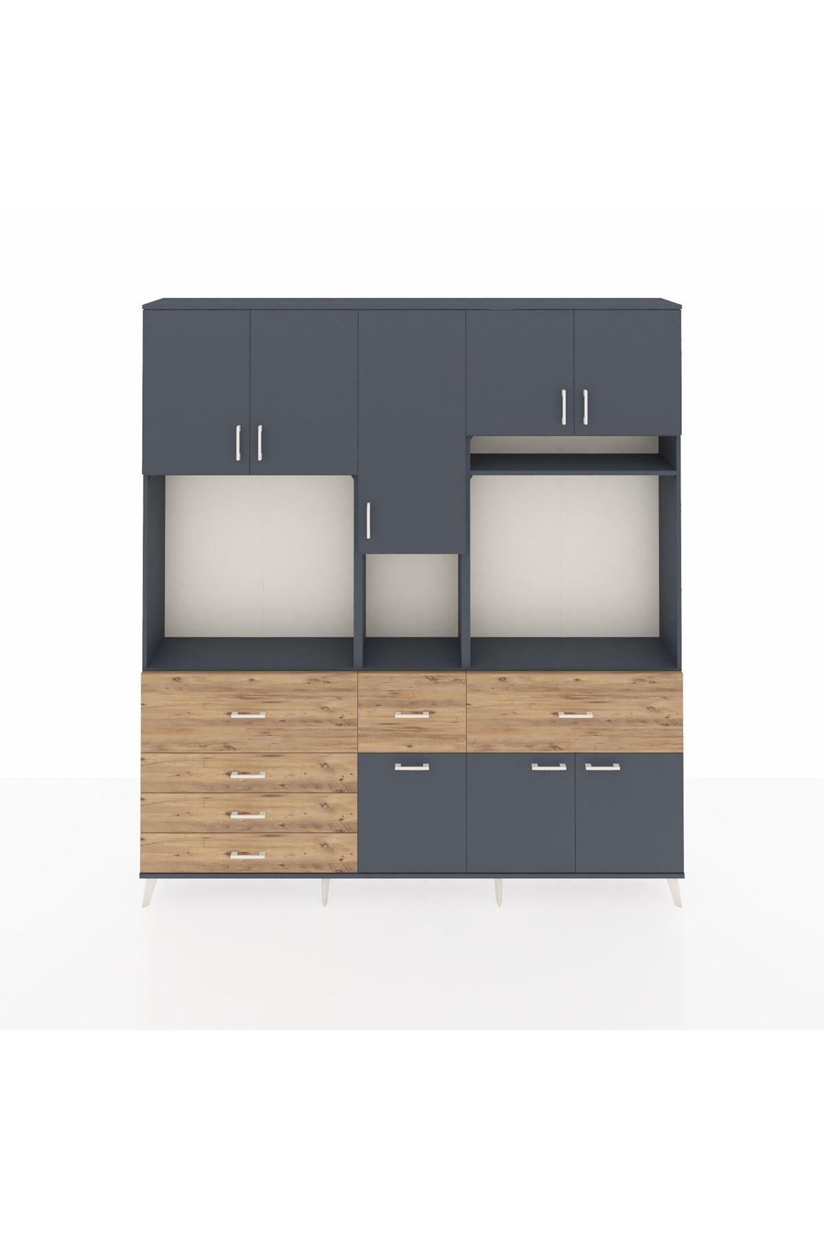 Arges Dolap 10 Raflı 6 Çekmeceli 8 Kapaklı 220x30x243 Antrasit-Antrasit/Çam