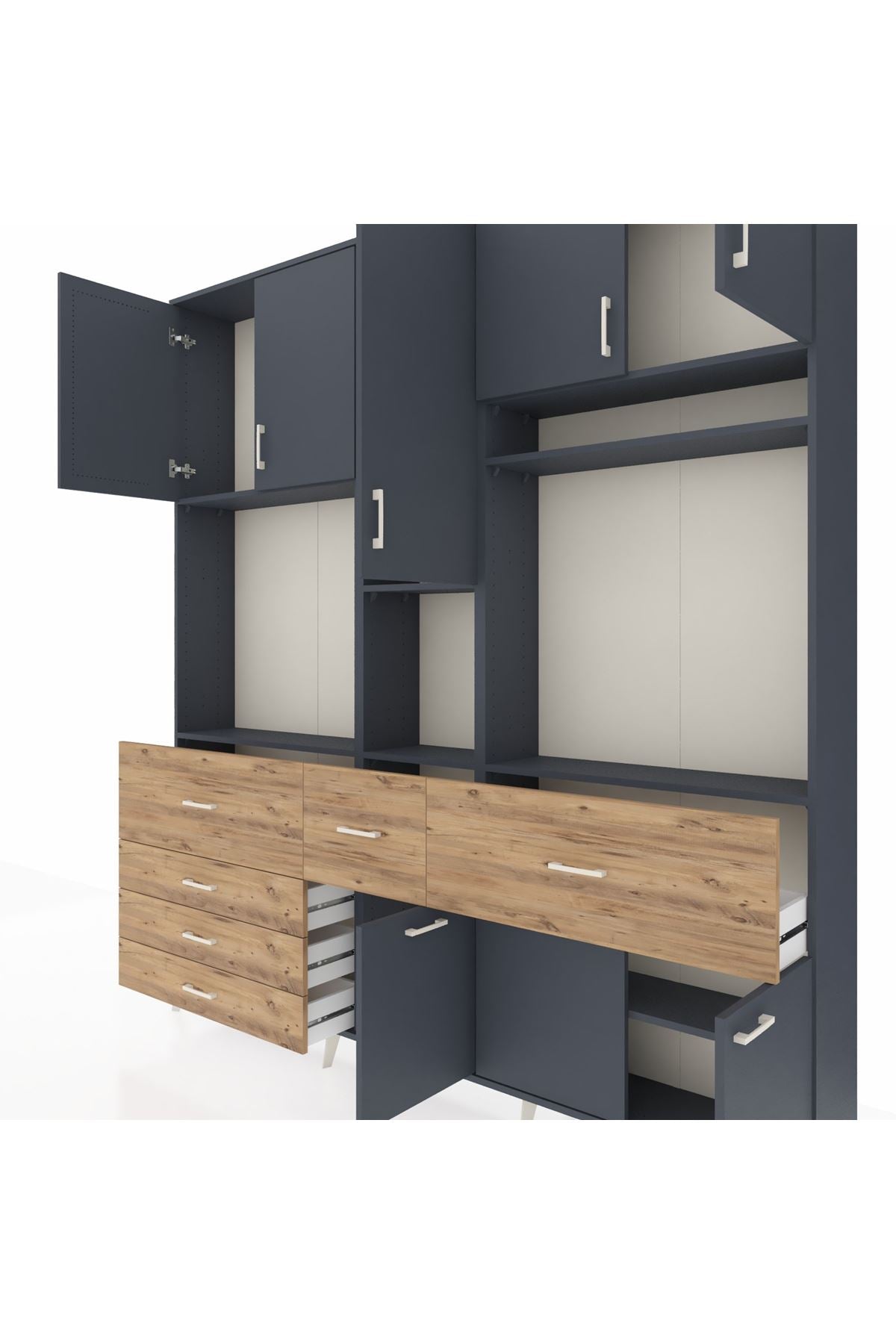 Arges Dolap 10 Raflı 6 Çekmeceli 8 Kapaklı 220x30x243 Antrasit-Antrasit/Çam