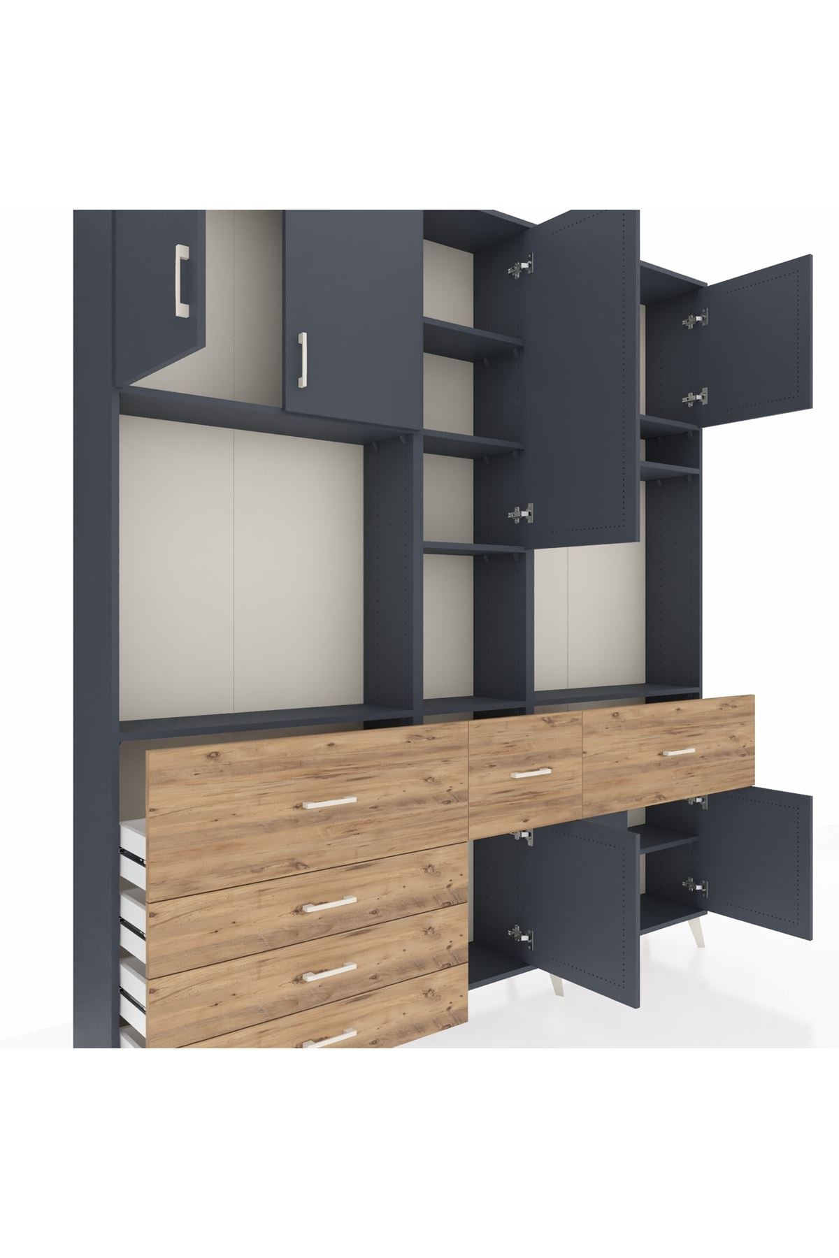 Arges Dolap 10 Raflı 6 Çekmeceli 8 Kapaklı 220x30x243 Antrasit-Antrasit/Çam