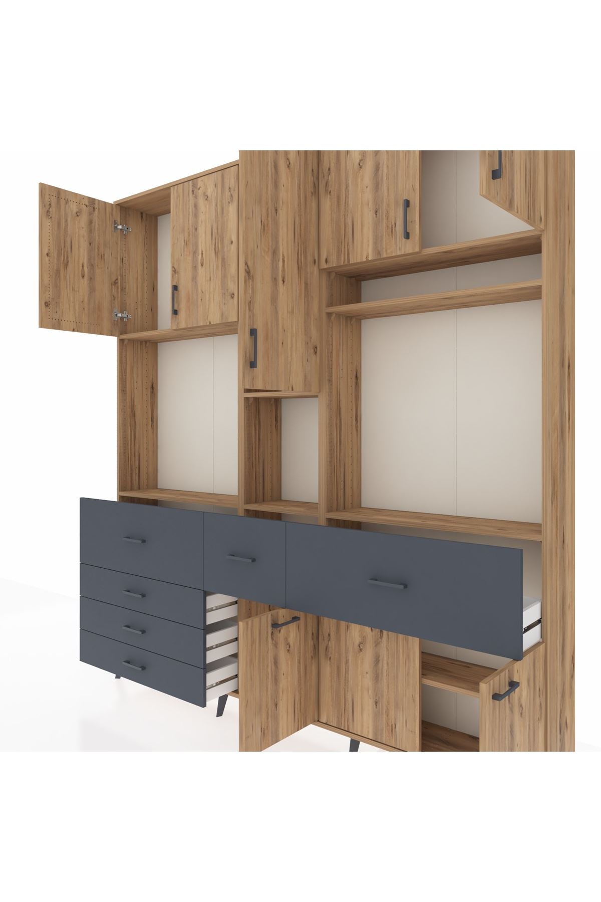 Arges Dolap 10 Raflı 6 Çekmeceli 8 Kapaklı 220x30x243 Çam-Çam/Antrasit