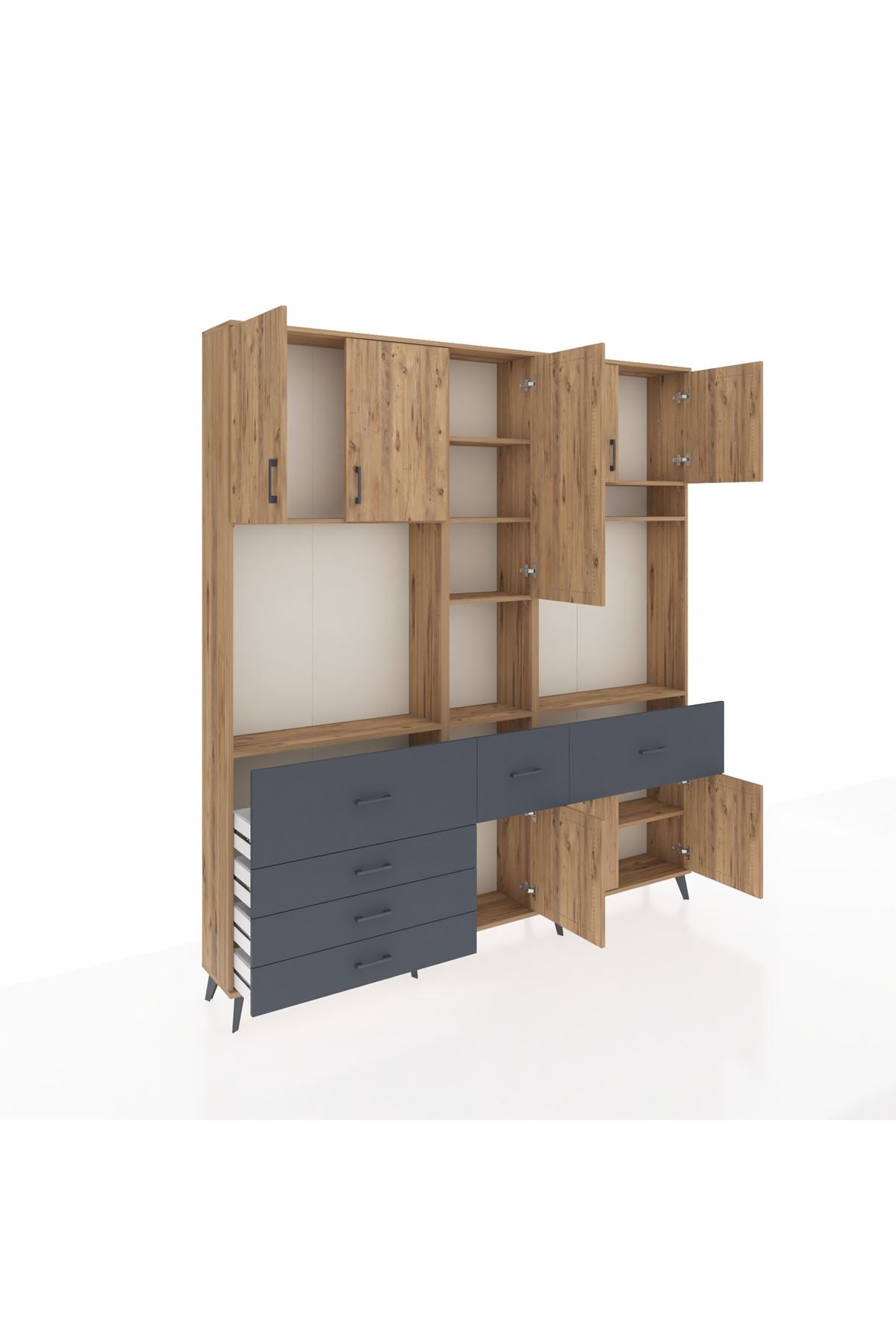 Arges Dolap 10 Raflı 6 Çekmeceli 8 Kapaklı 220x30x243 Çam-Çam/Antrasit