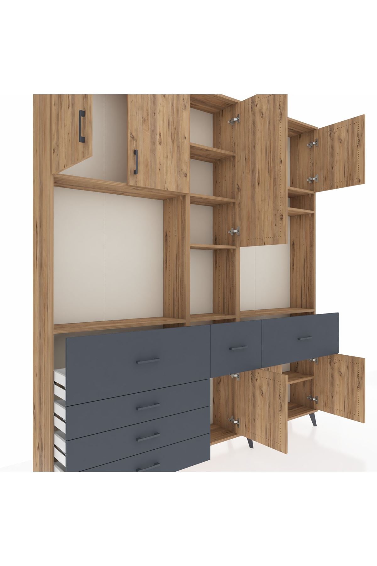 Arges Dolap 10 Raflı 6 Çekmeceli 8 Kapaklı 220x30x243 Çam-Çam/Antrasit