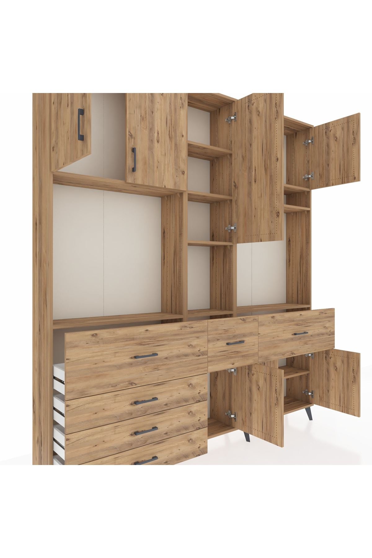 Arges Gardrop 10 Raflı 6 Çekmeceli 8 Kapaklı 220x30x243 Çam-Çam