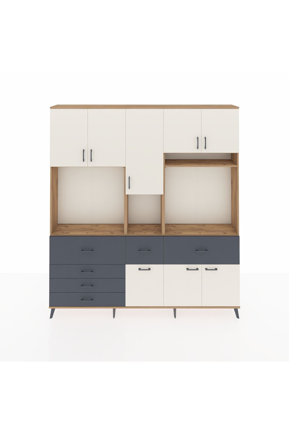 Arges Dolap 10 Raflı 6 Çekmeceli 8 Kapaklı 220x30x243 Çam-Aytaşı/Antrasit