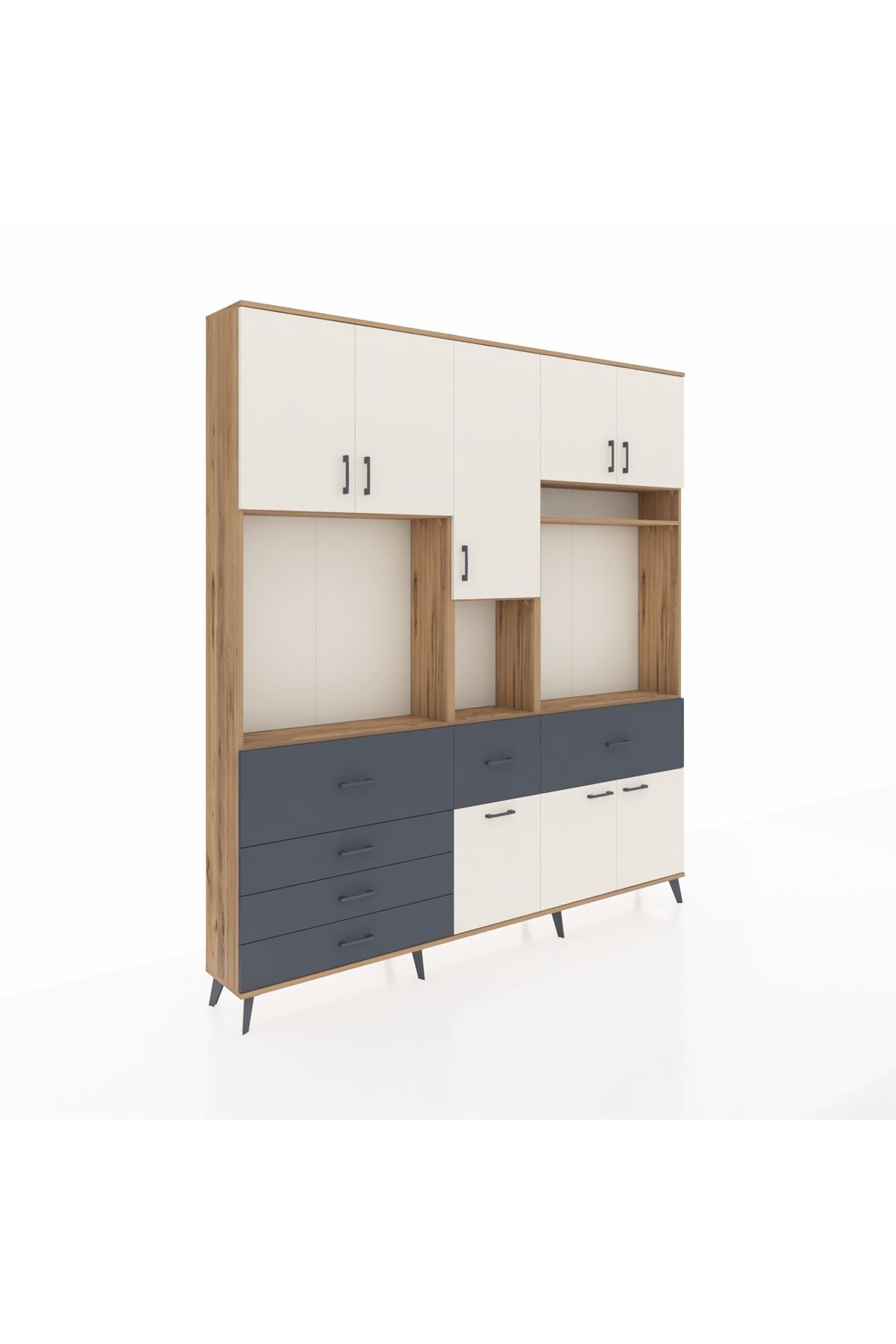 Arges Dolap 10 Raflı 6 Çekmeceli 8 Kapaklı 220x30x243 Çam-Aytaşı/Antrasit