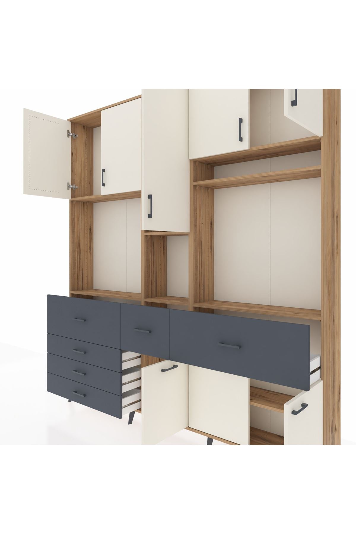 Arges Dolap 10 Raflı 6 Çekmeceli 8 Kapaklı 220x30x243 Çam-Aytaşı/Antrasit