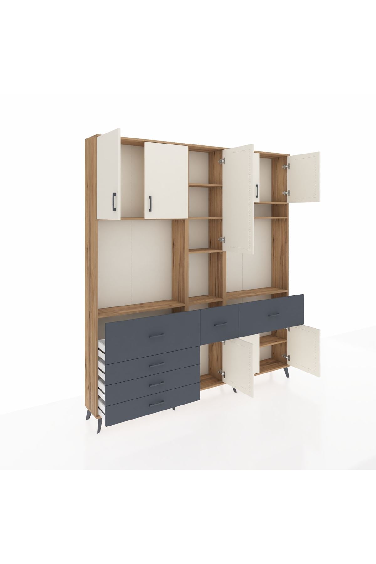 Arges Dolap 10 Raflı 6 Çekmeceli 8 Kapaklı 220x30x243 Çam-Aytaşı/Antrasit