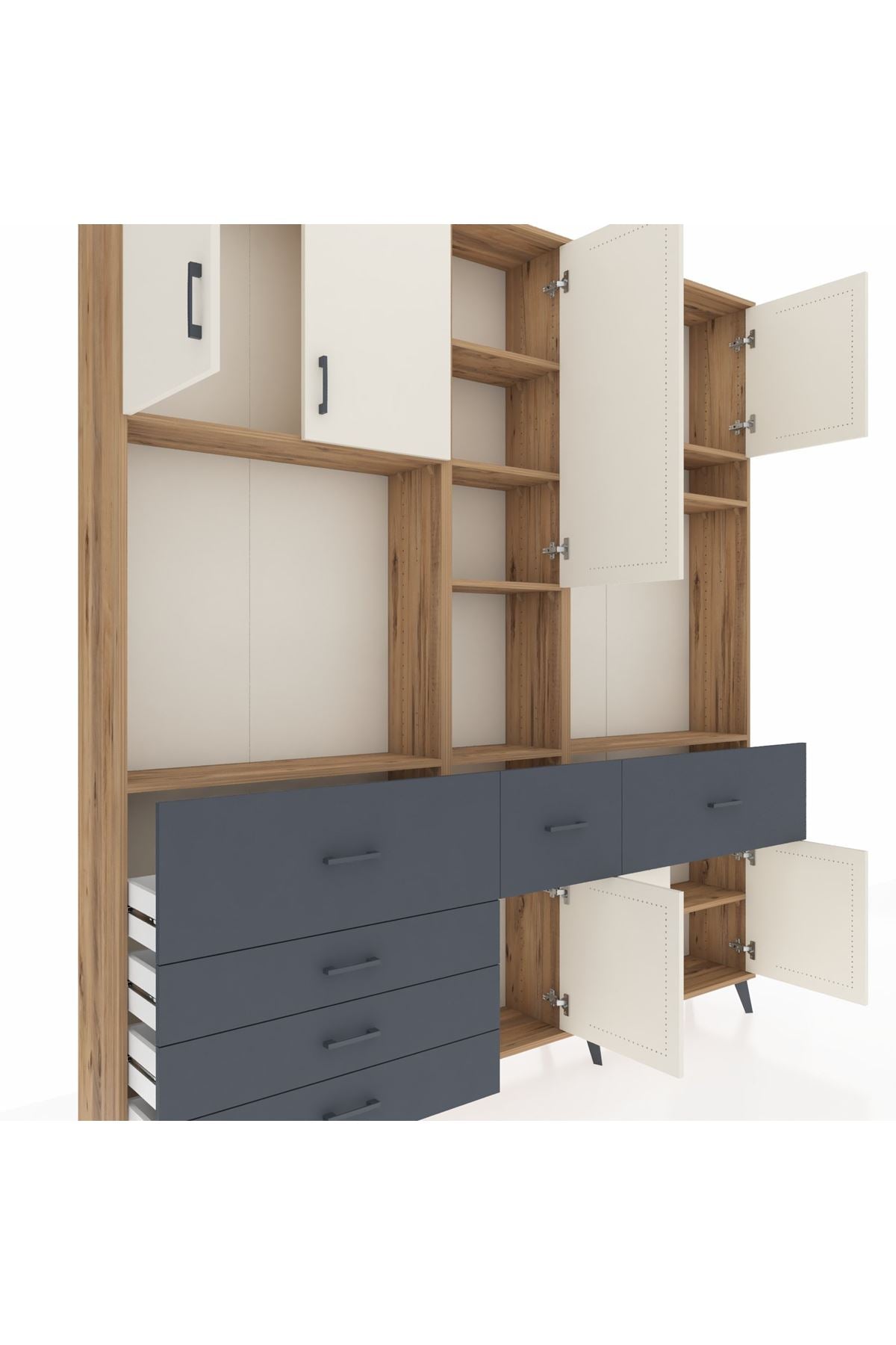 Arges Dolap 10 Raflı 6 Çekmeceli 8 Kapaklı 220x30x243 Çam-Aytaşı/Antrasit