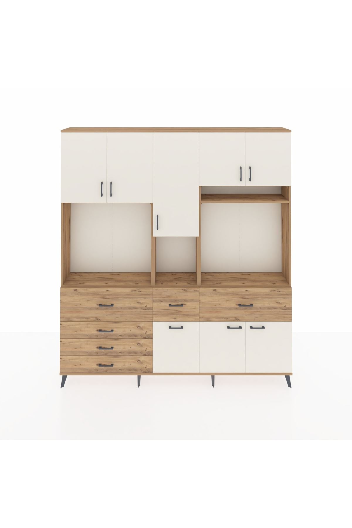 Arges Dolap 10 Raflı 6 Çekmeceli 8 Kapaklı 220x30x243 Çam-Aytaşı/Çam